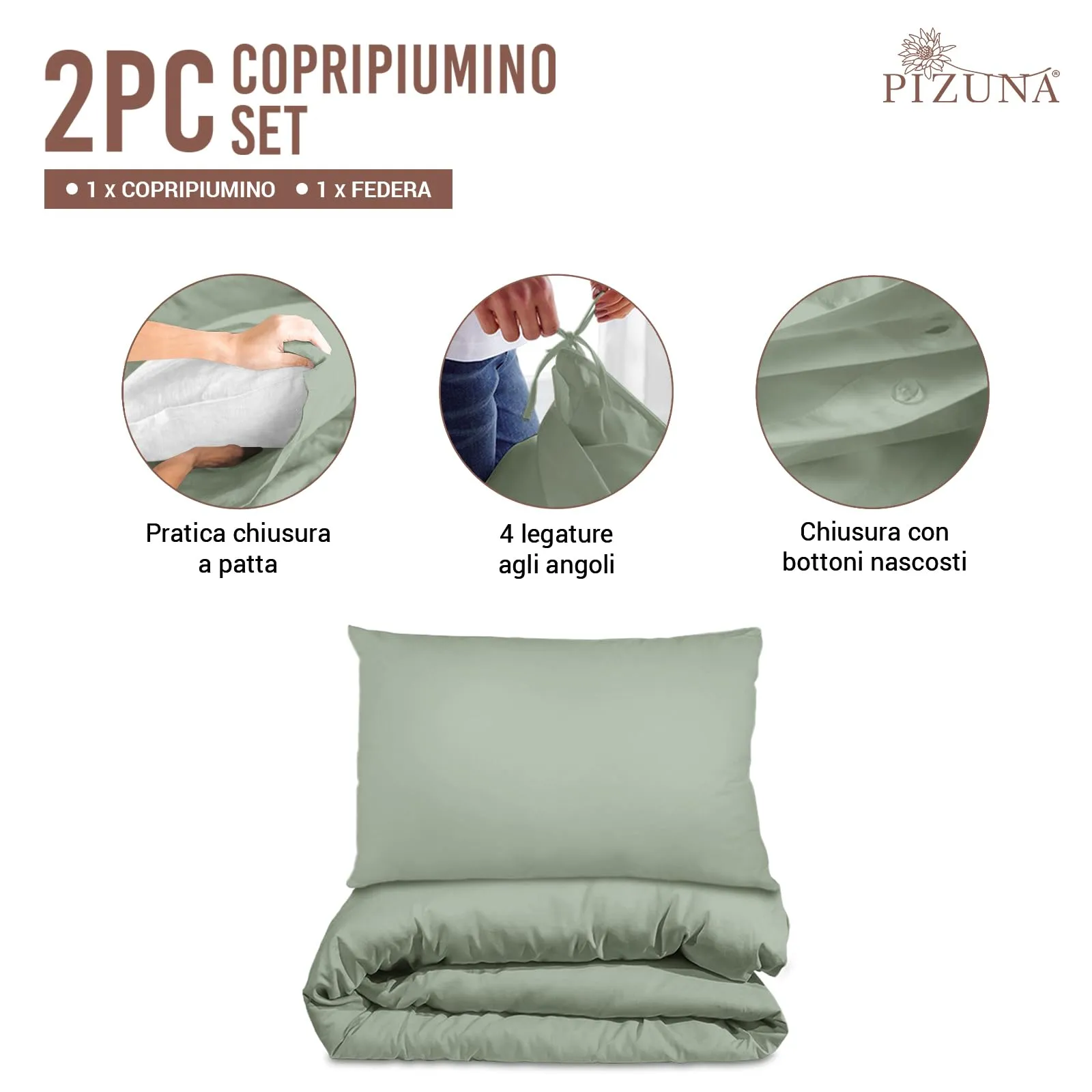Pizuna Linens Copripiumino Singolo in Cotone 400 Fili, 150x200 cm, Verde, Set 2 Pezzi - immagine 3