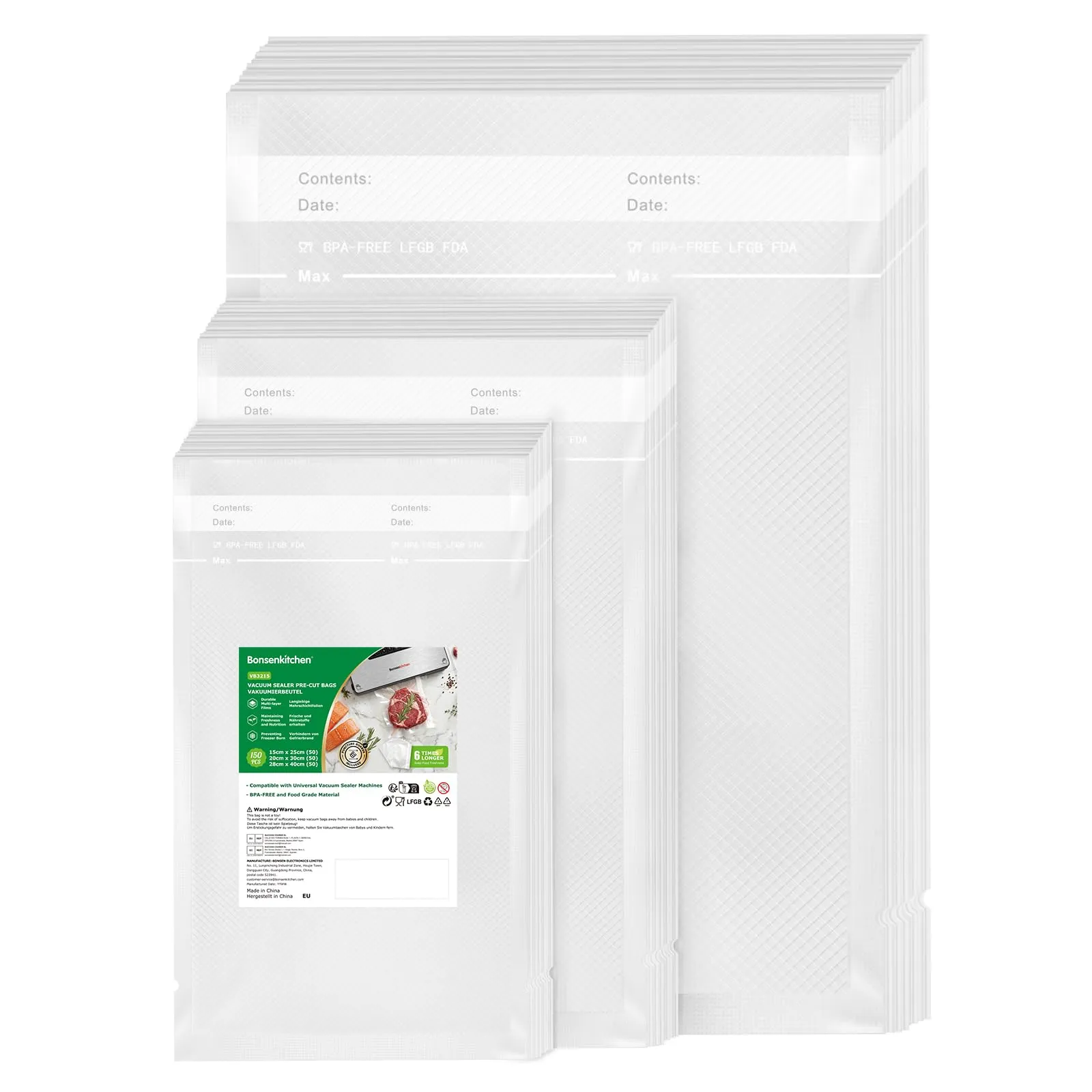 Bonsenkitchen Sacchetti Sottovuoto, 150 pezzi (15x25cm, 20x30cm, 28x40cm) - immagine 1