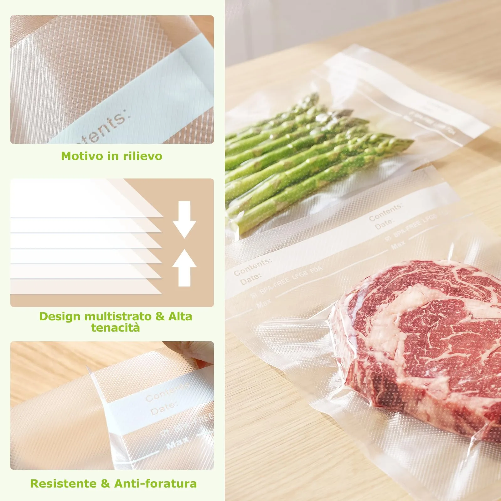 Bonsenkitchen Sacchetti Sottovuoto, 150 pezzi (15x25cm, 20x30cm, 28x40cm) - immagine 2