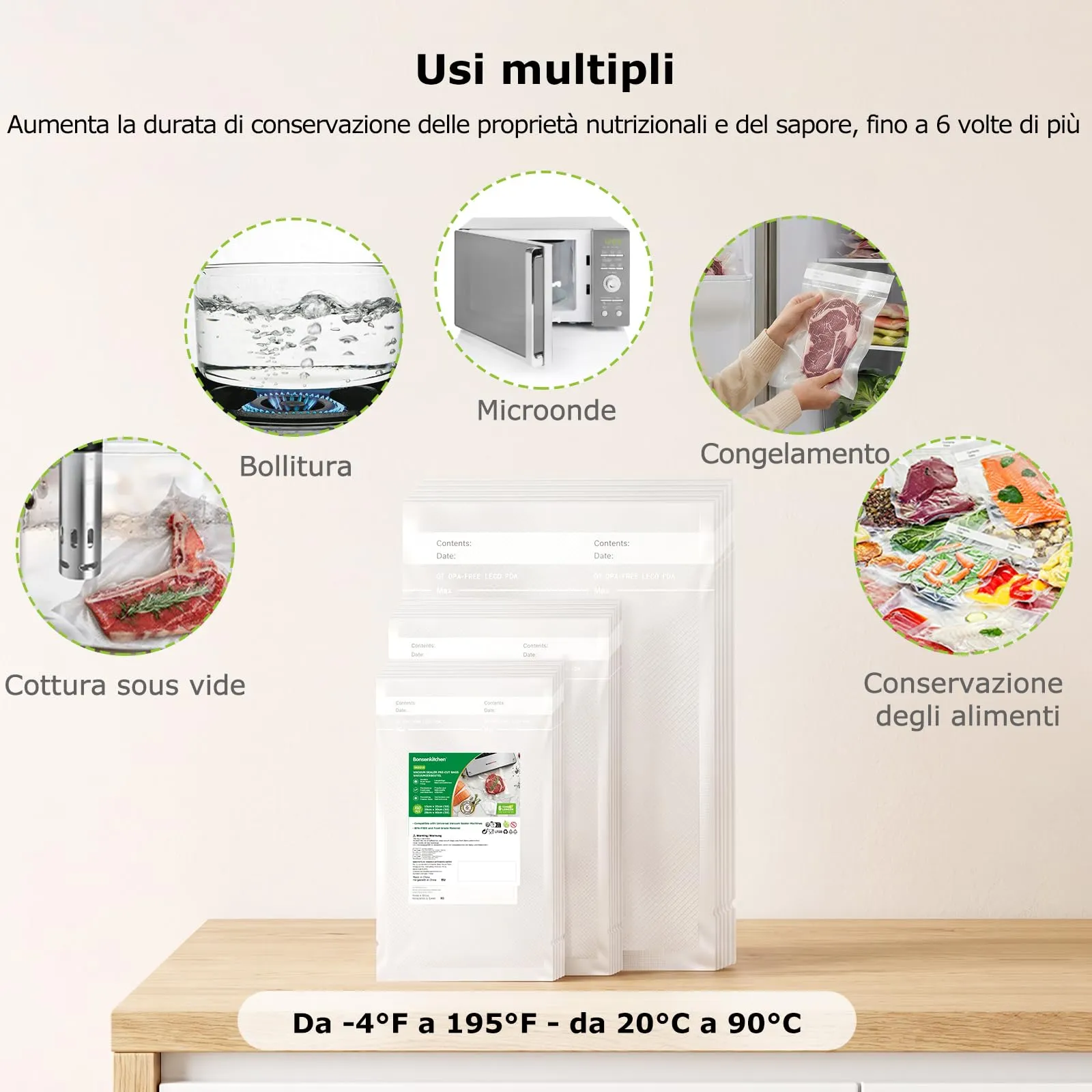 Bonsenkitchen Sacchetti Sottovuoto, 150 pezzi (15x25cm, 20x30cm, 28x40cm) - immagine 3