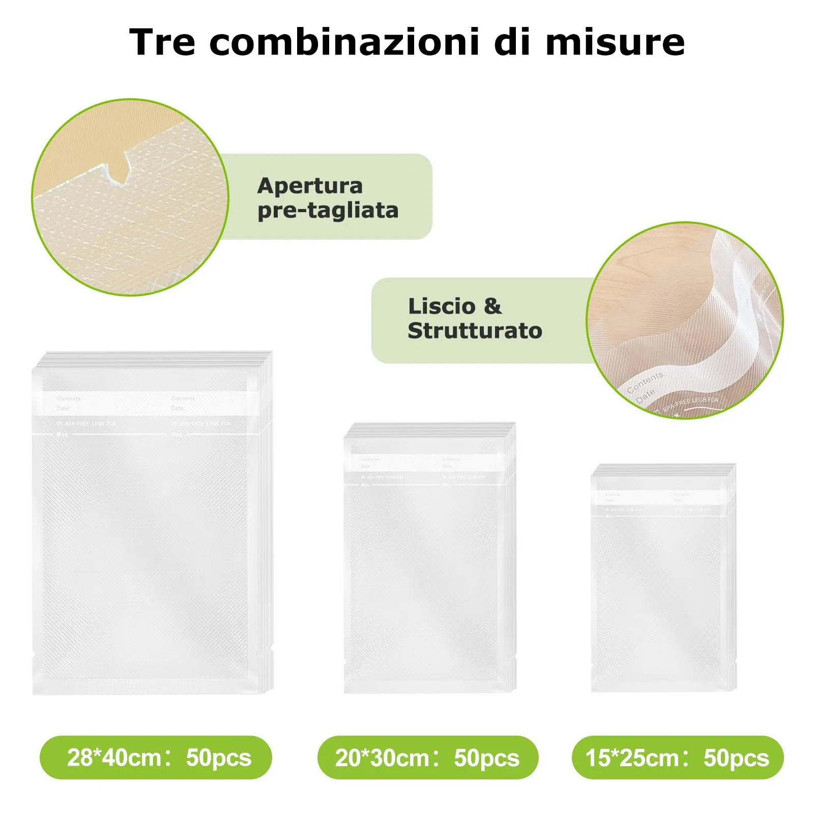 Bonsenkitchen Sacchetti Sottovuoto, 150 pezzi (15x25cm, 20x30cm, 28x40cm) - immagine 4