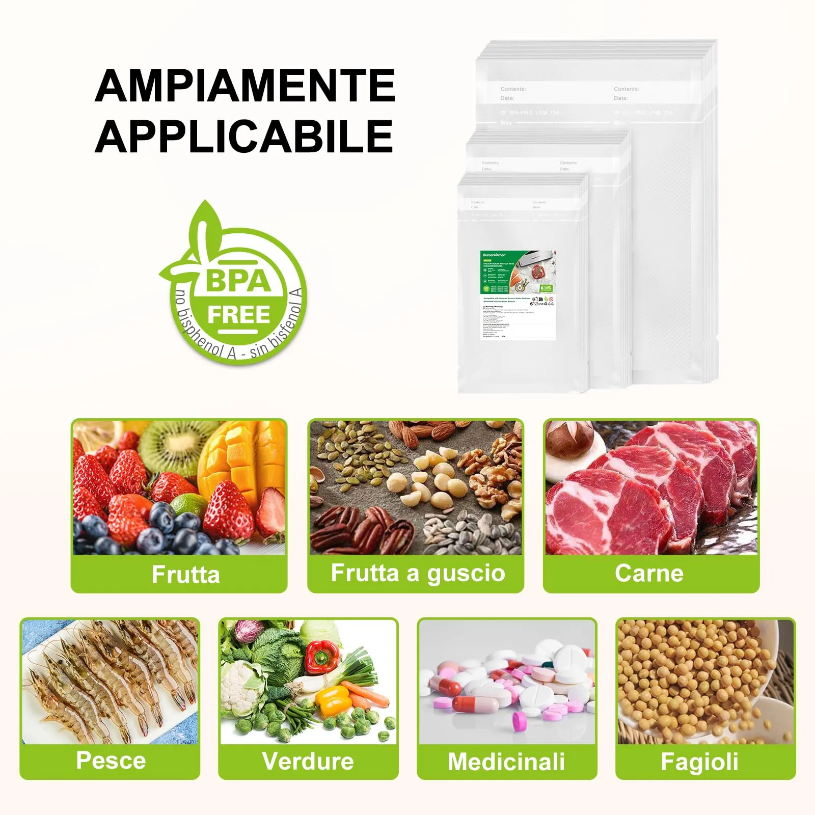 Bonsenkitchen Sacchetti Sottovuoto, 150 pezzi (15x25cm, 20x30cm, 28x40cm) - immagine 5