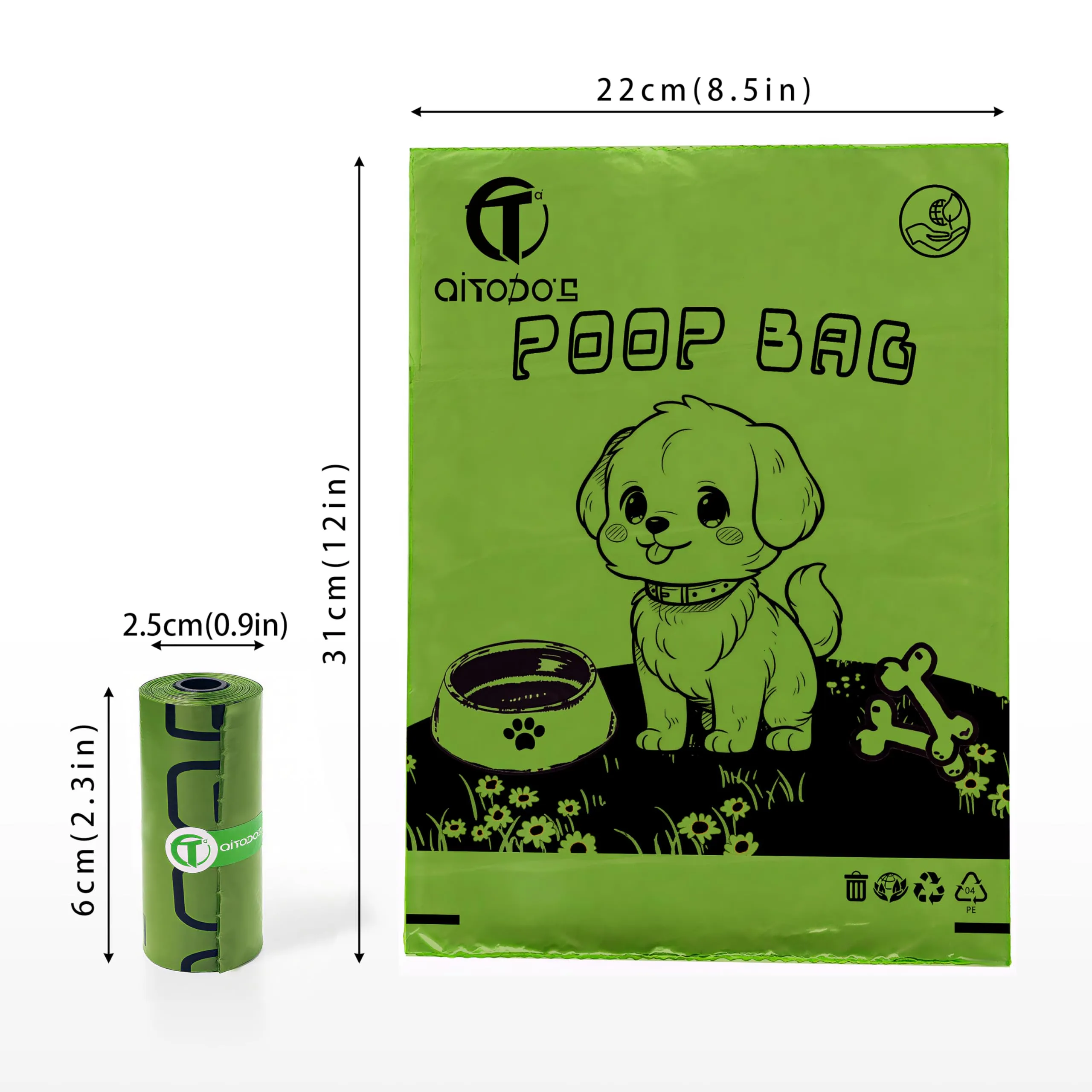 AiTodos Sacchetti per Cacca di Cane, 600 Pezzi, 31x22 cm, PE, Verde, 40 Rotoli x 15 - immagine 2