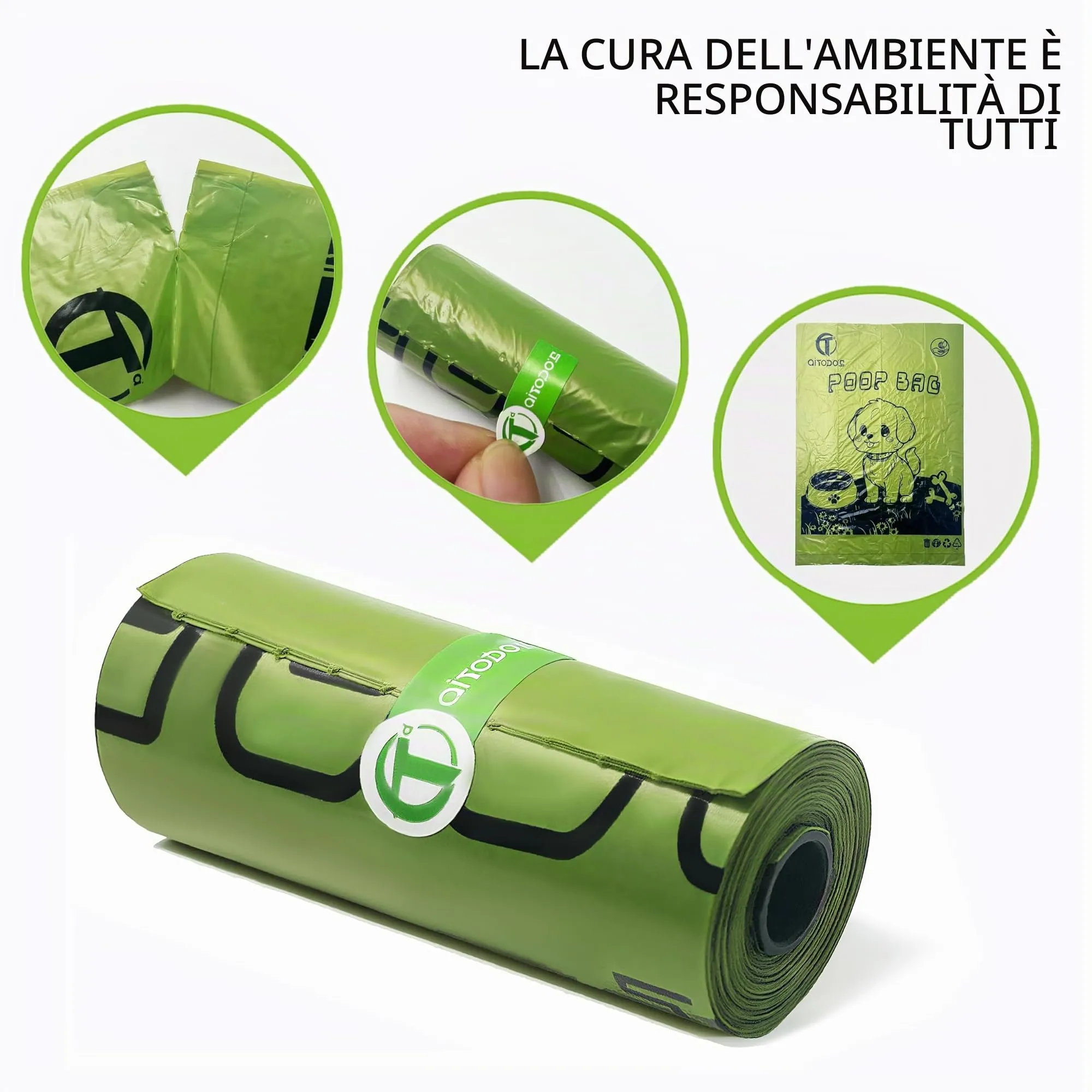 AiTodos Sacchetti per Cacca di Cane, 600 Pezzi, 31x22 cm, PE, Verde, 40 Rotoli x 15 - immagine 6