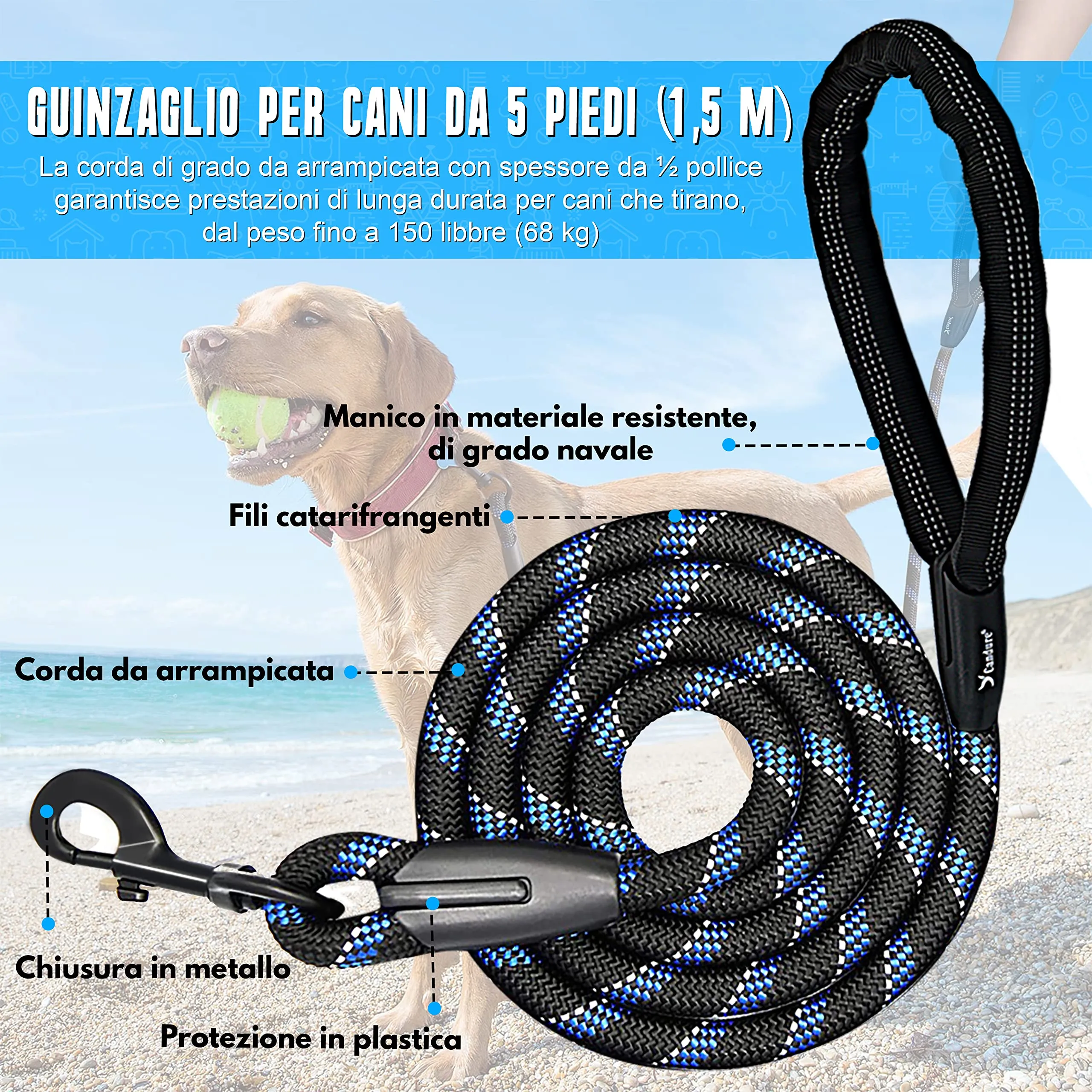 Candure Guinzaglio per Cani in Nylon Riflettente con Impugnatura Imbottita, 152 cm, Nero - immagine 2