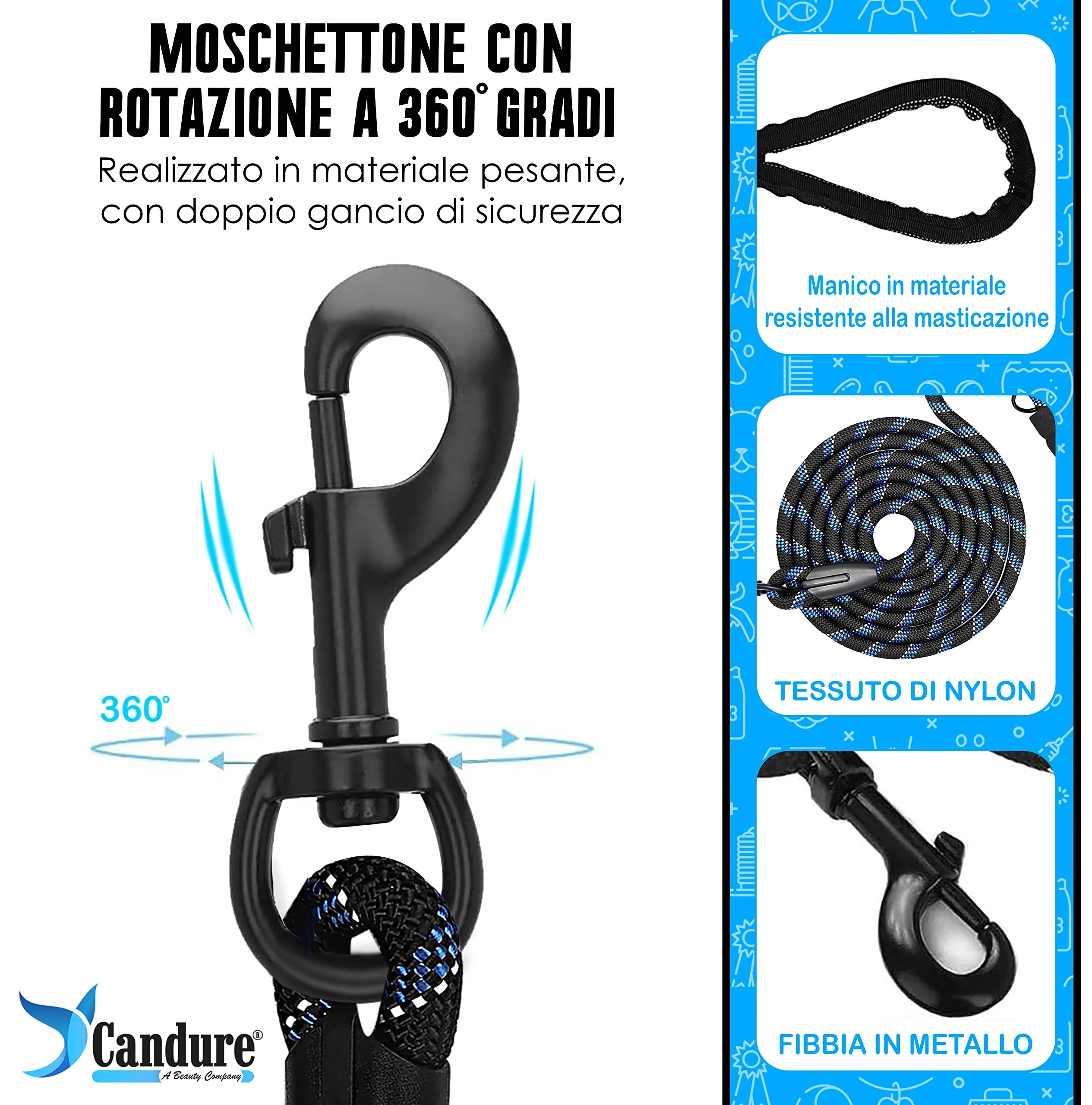 Candure Guinzaglio per Cani in Nylon Riflettente con Impugnatura Imbottita, 152 cm, Nero - immagine 3