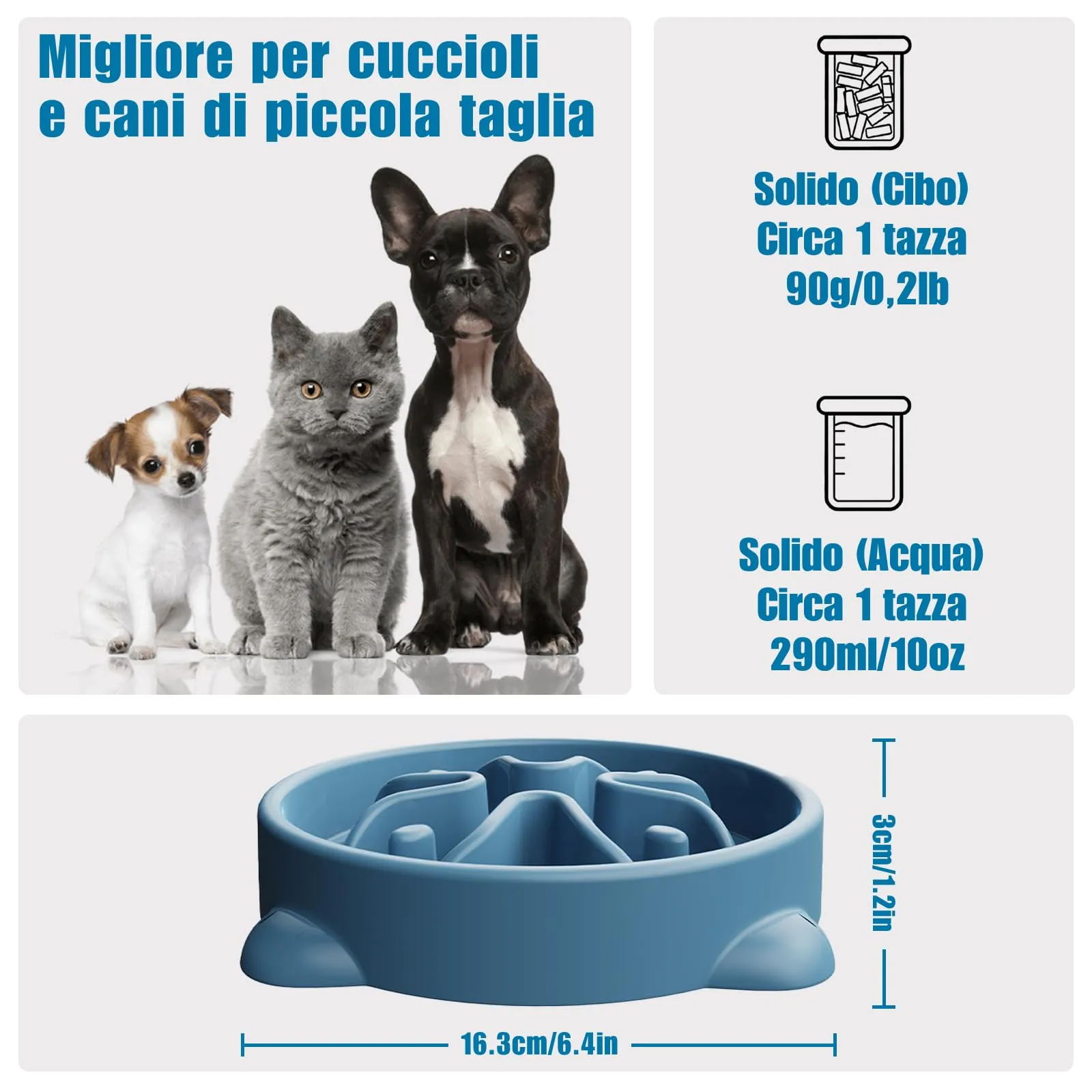 TOKAYIFE Ciotola Anti-Ingozzamento Slow Feeder per Cani e Gatti, 16.3cm, Blu, S - immagine 2