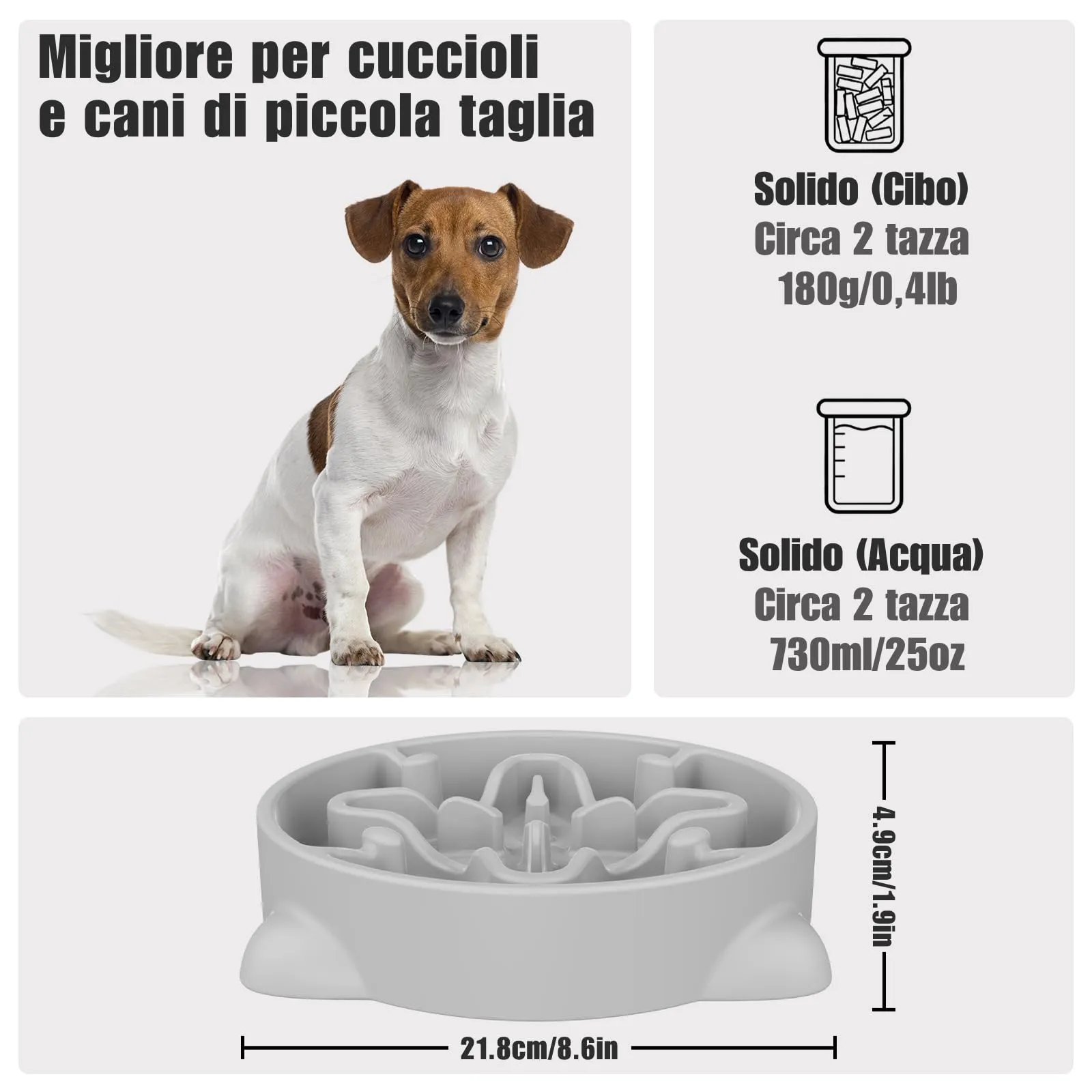 TOKAYIFE Ciotola anti ingozzamento per cani e gatti, 21.8cm, Antiscivolo, Grigio, M - immagine 2