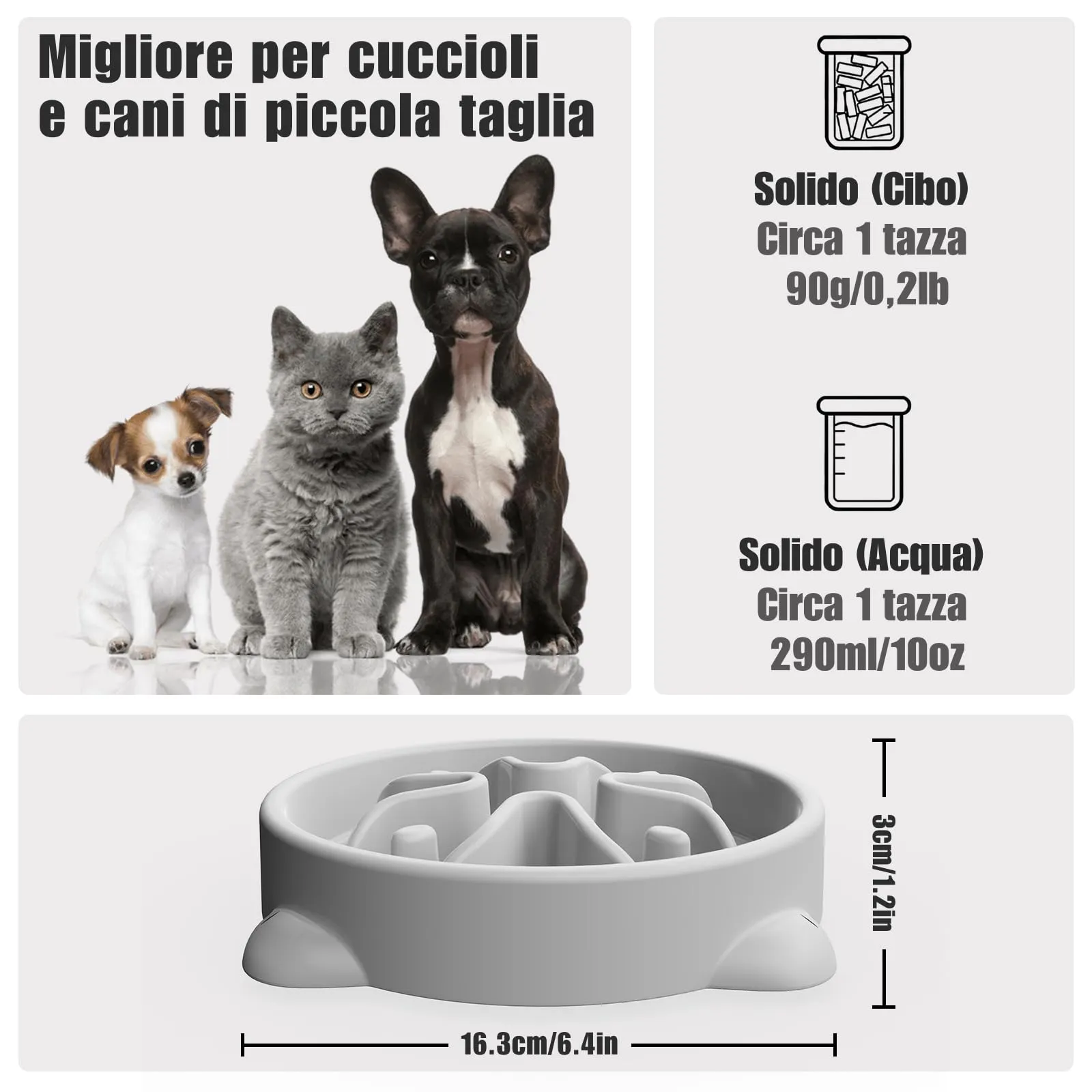 TOKAYIFE Ciotola anti ingozzamento per cani e gatti, 16.3cm, Grigio, S - immagine 2