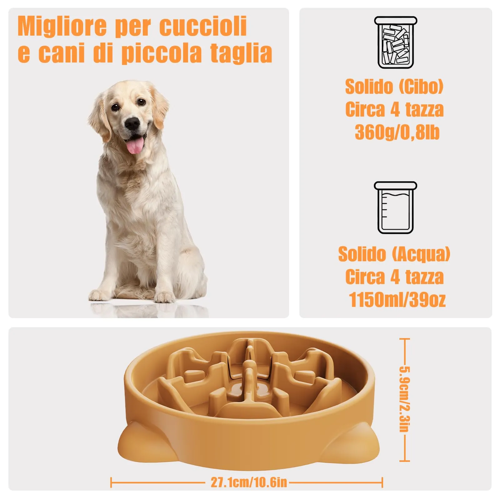 TOKAYIFE Ciotola anti ingozzamento per cani e gatti, 27.1cm, Antiscivolo, L, Arancione - immagine 2