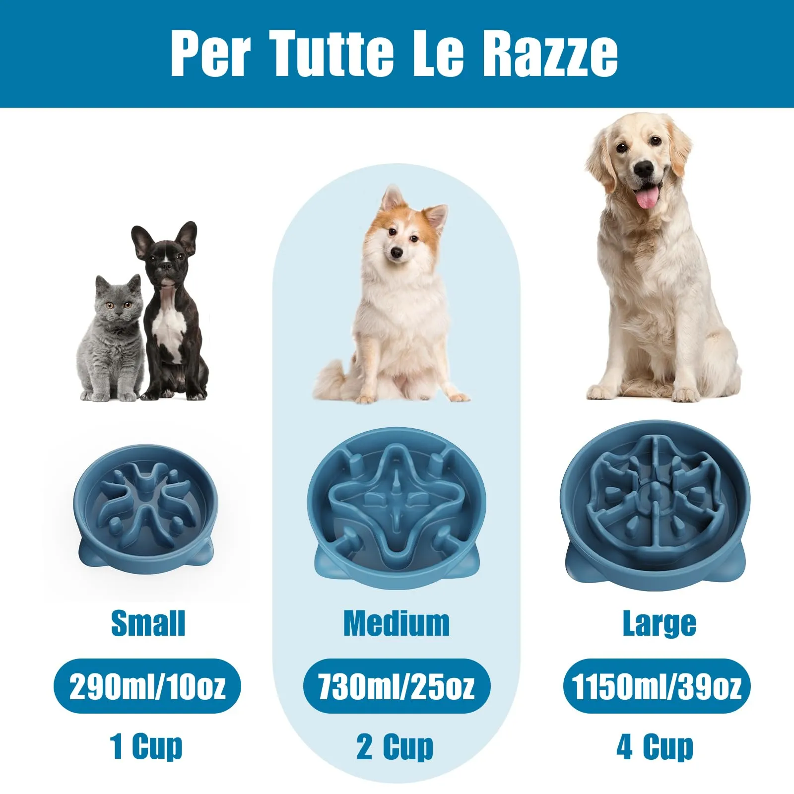 TOKAYIFE Ciotola anti ingozzamento per cani e gatti, 21.8cm, Antiscivolo, Blu, M - immagine 6