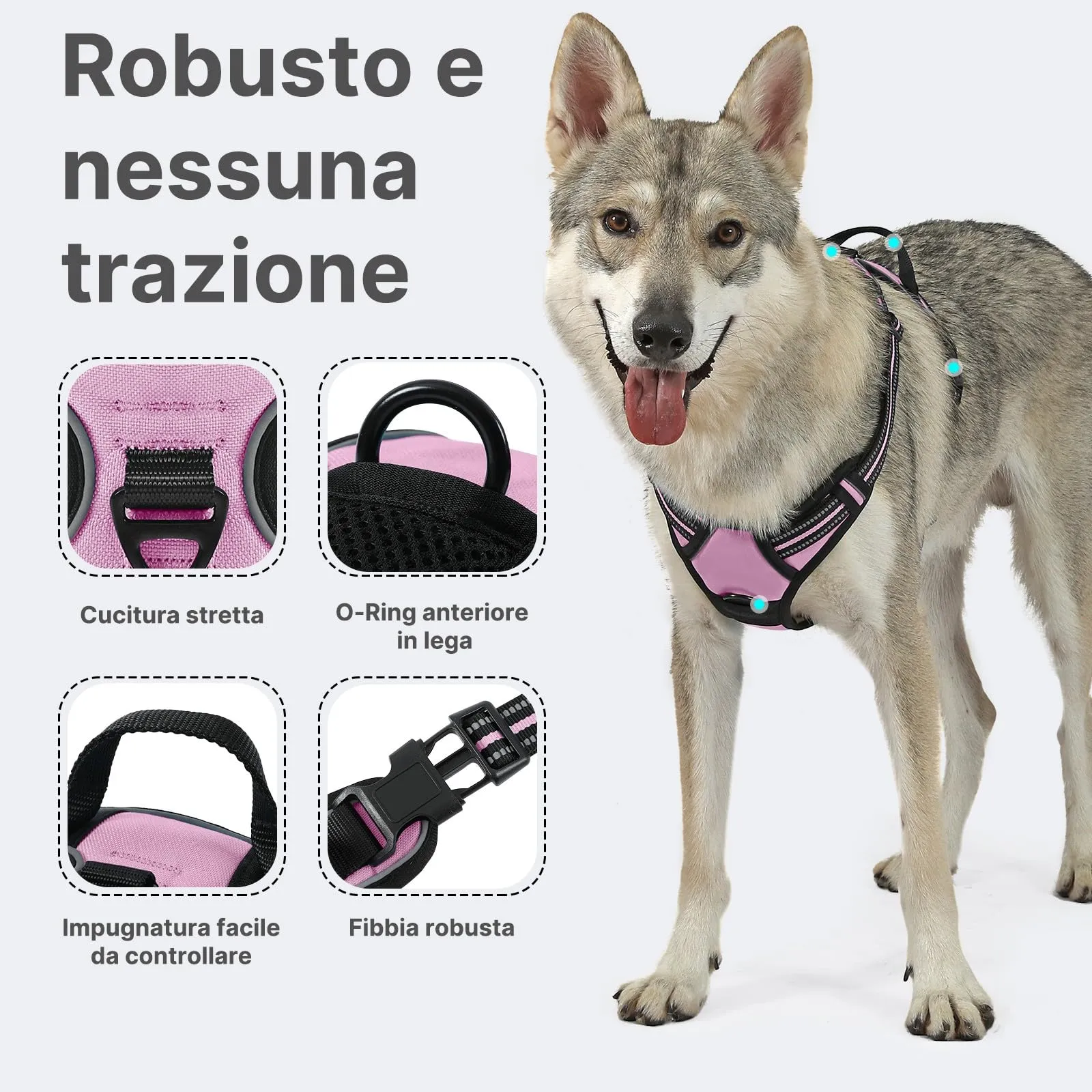 COMSLE Pettorina per Cani Anti Tiro Riflettente, Imbracatura Regolabile con 2 Ganci in Metallo, Rosa, S - immagine 3
