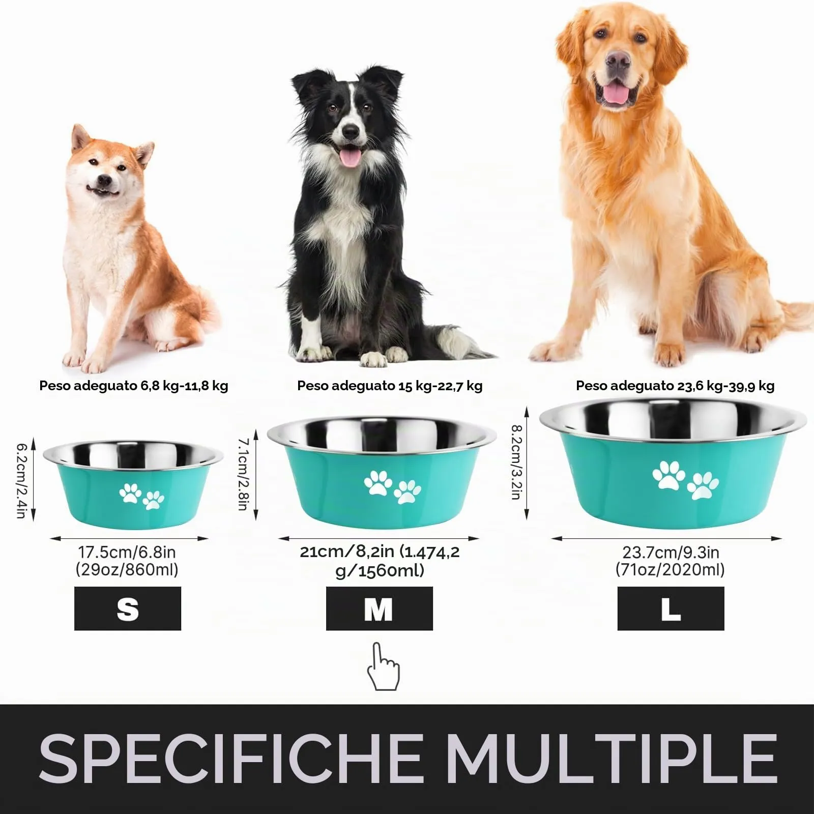 SUOXU Ciotole per Cani in Acciaio Inox con Base Antiscivolo, 2 Pezzi, Verde, 1560 ml - immagine 3