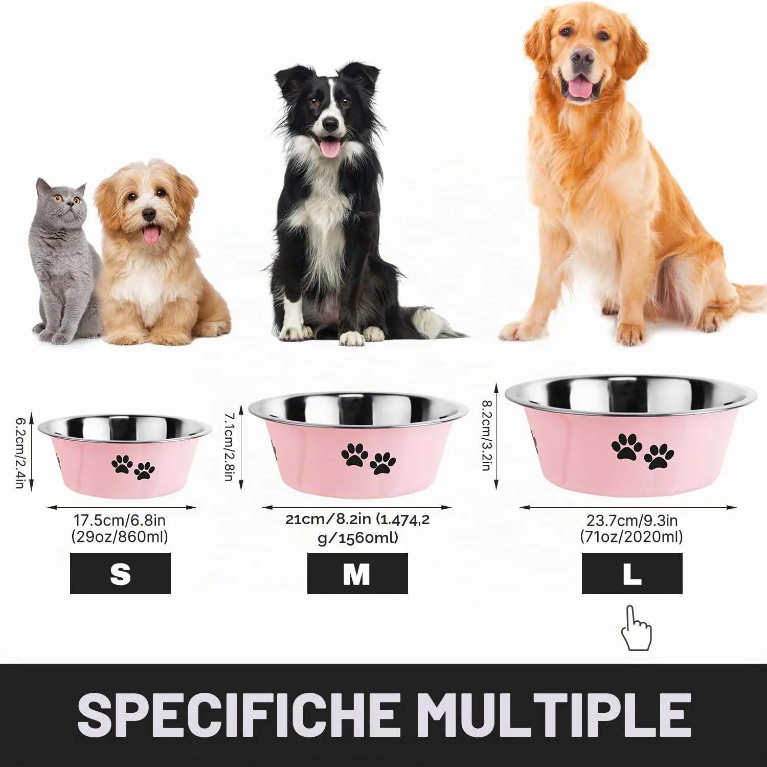SUOXU Ciotole per Cani in Acciaio Inox, 2 Pezzi, Rosa, 2020ml, Base Antiscivolo - immagine 3