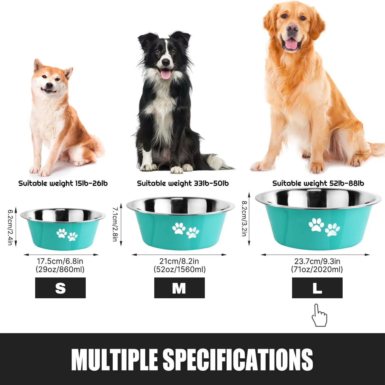 SUOXU Ciotole per Cani in Acciaio Inox, 2 Pezzi, Verde, 2020ml, Base Antiscivolo - immagine 3