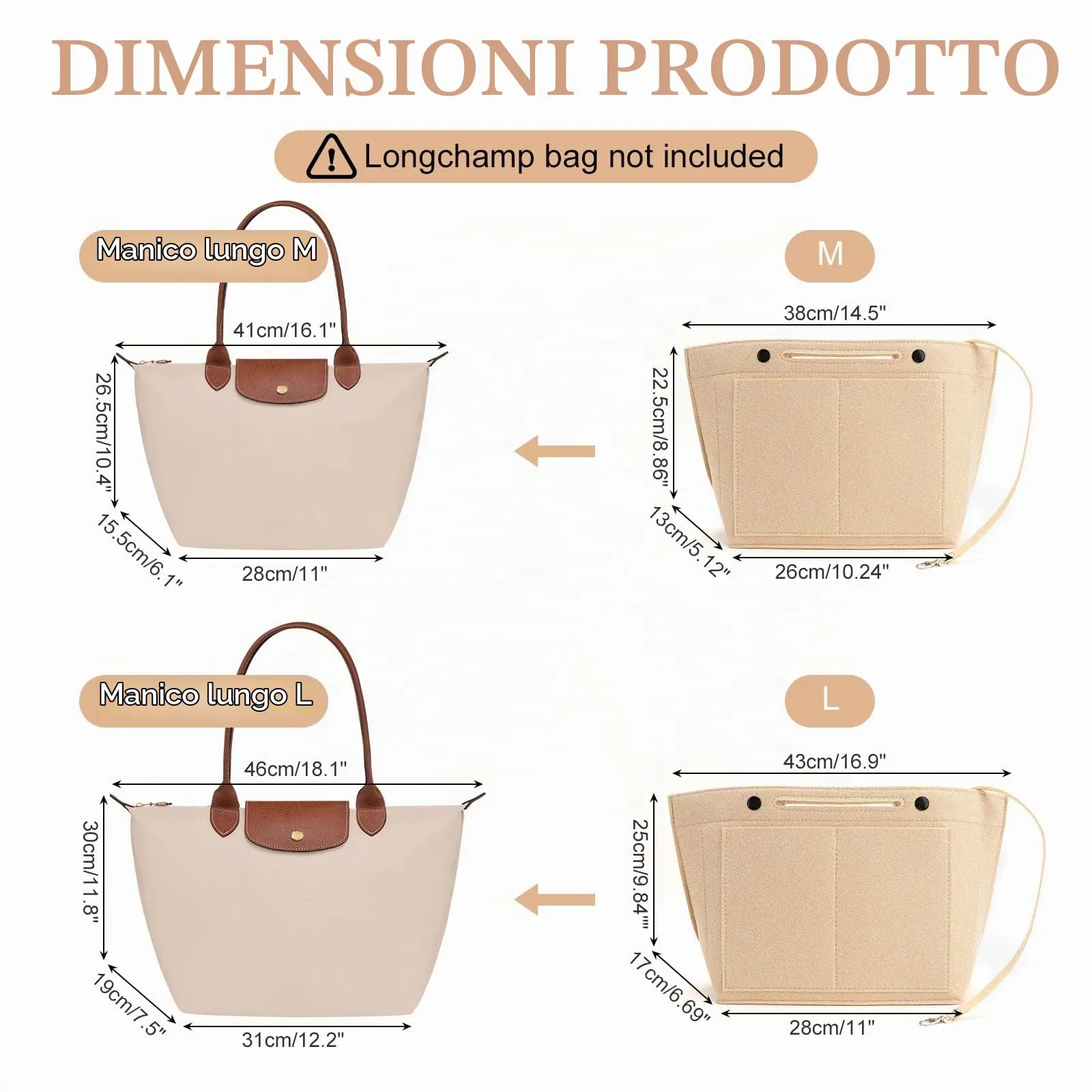 AIDUCHO Organizer in Feltro per Borse Longchamp, Beige, L - immagine 2