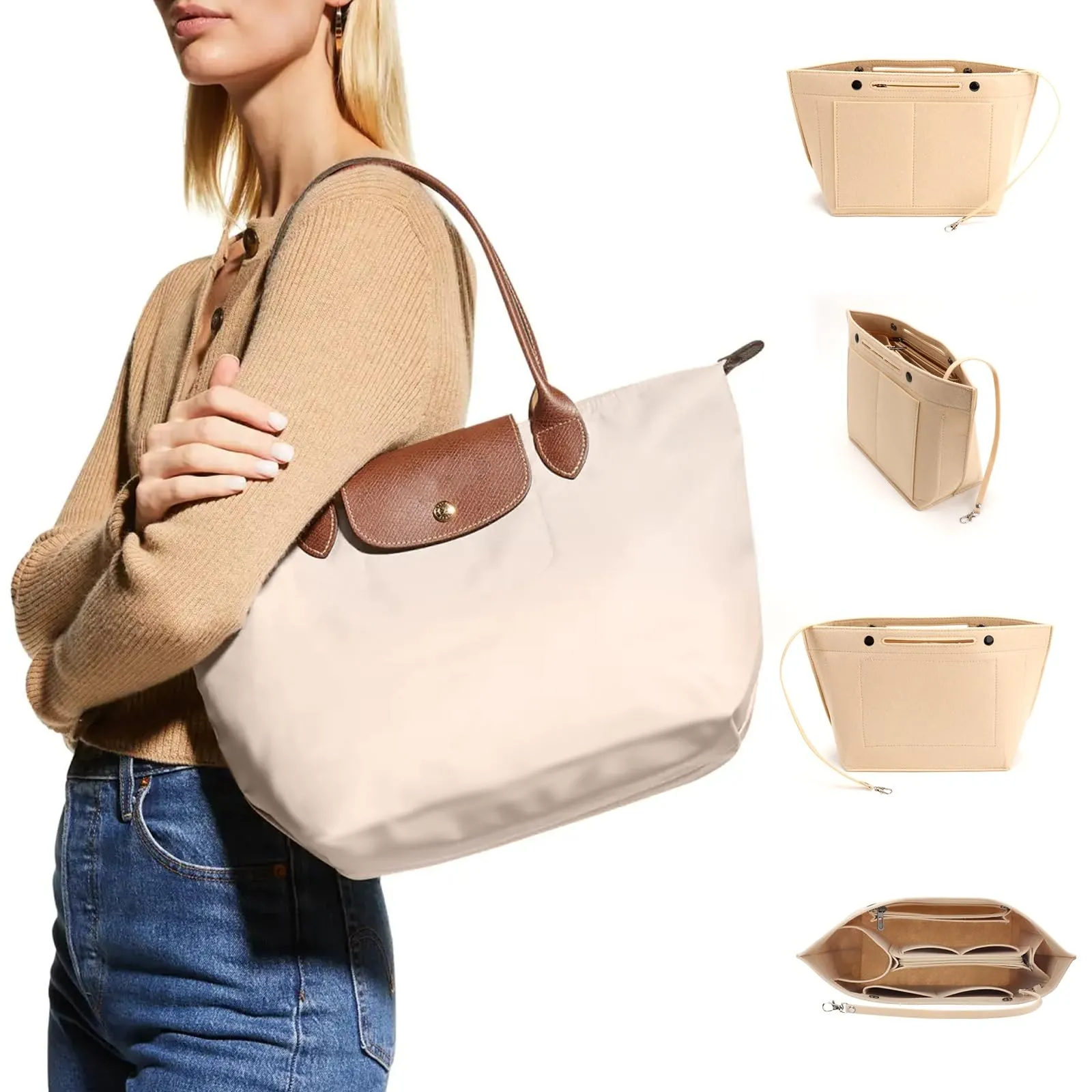 AIDUCHO Organizer in Feltro per Borse Longchamp, Beige, L - immagine 7