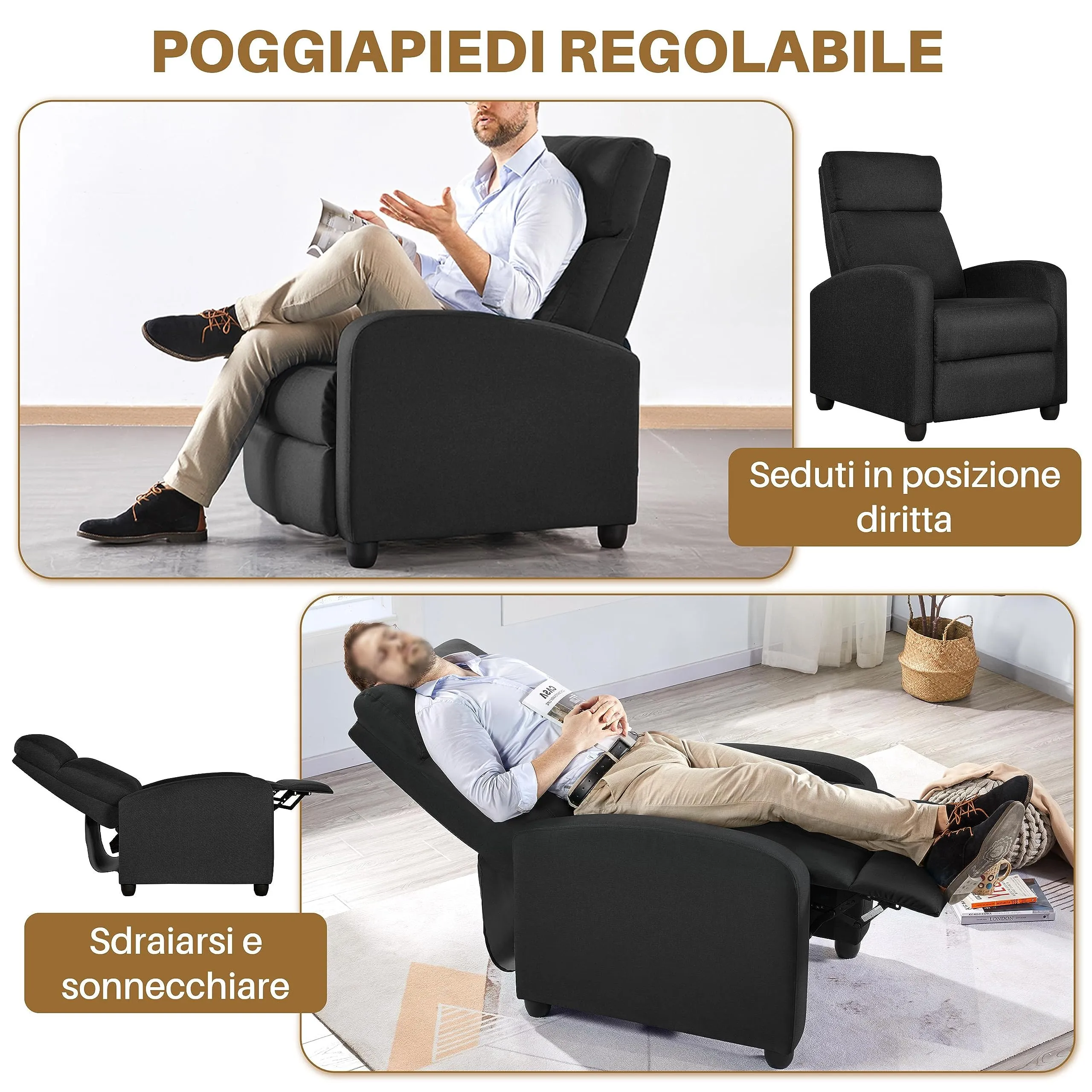 Yaheetech Poltrona Relax Reclinabile con Poggiapiedi, Nero - immagine 2