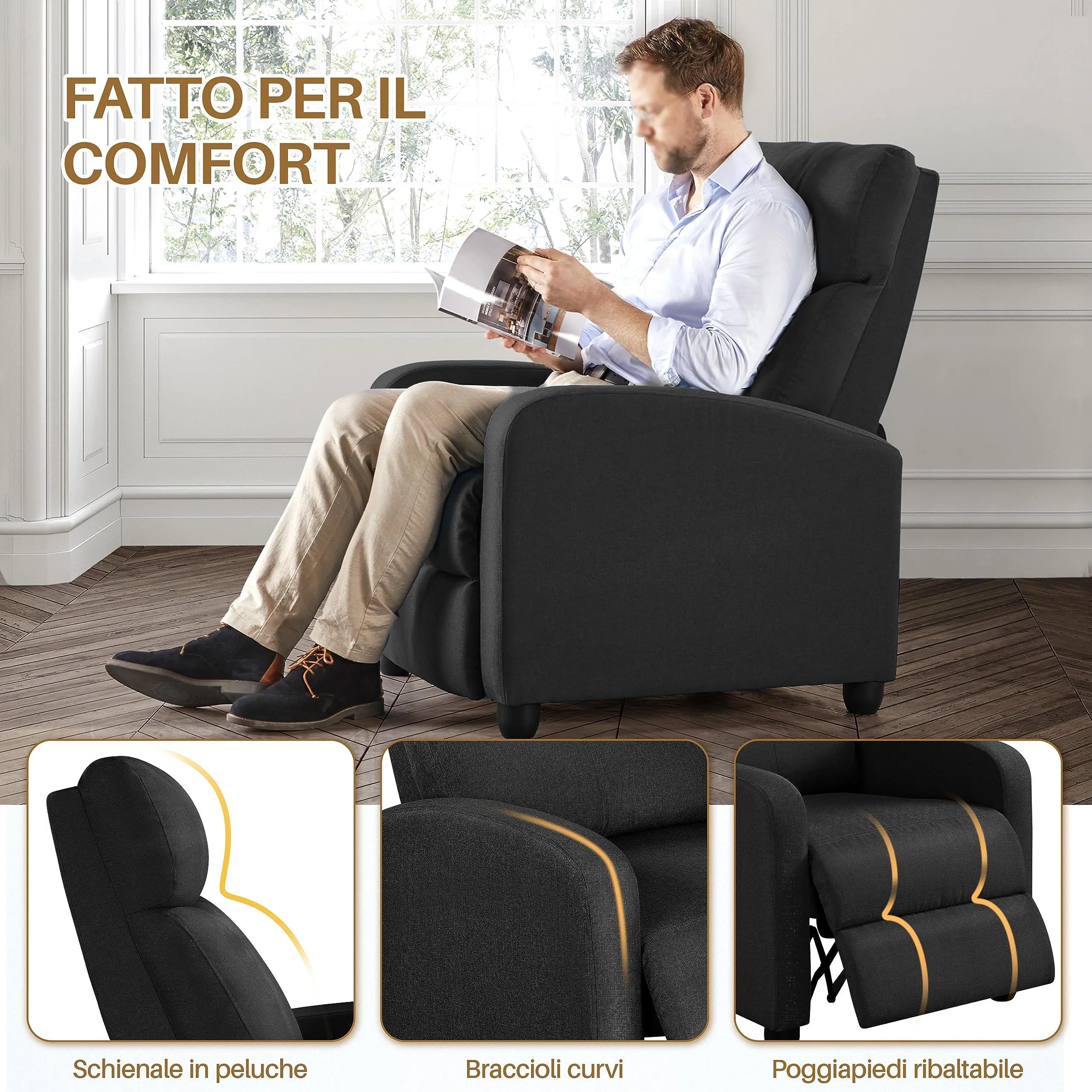 Yaheetech Poltrona Relax Reclinabile con Poggiapiedi, Nero - immagine 4