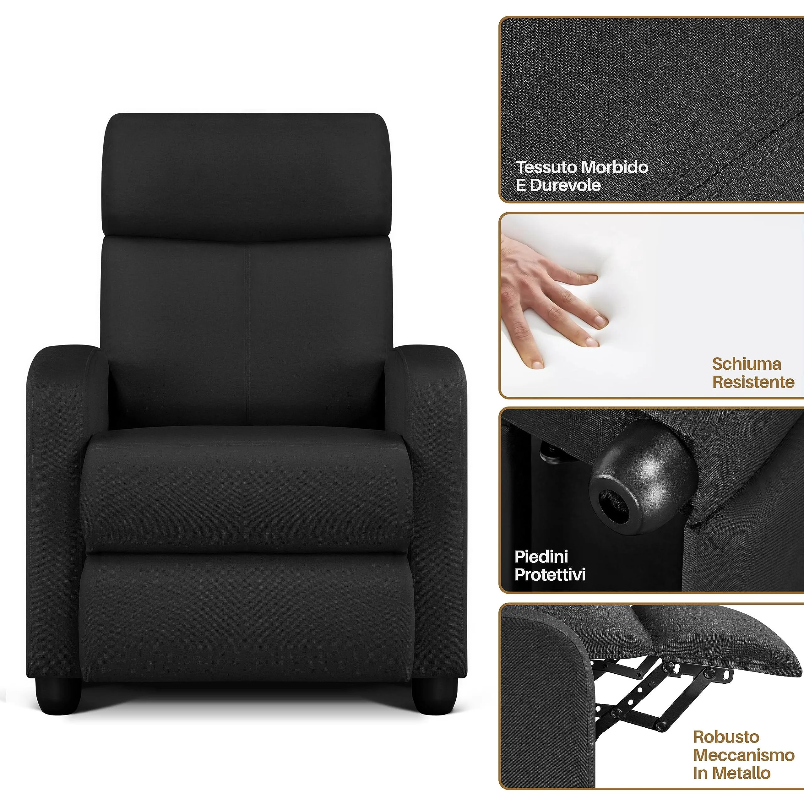 Yaheetech Poltrona Relax Reclinabile con Poggiapiedi, Nero - immagine 5