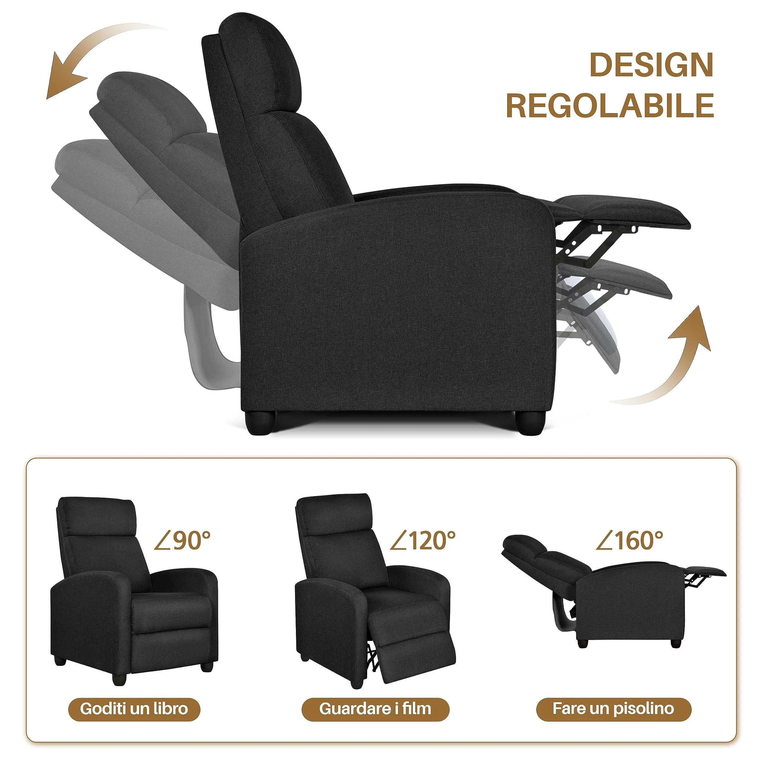 Yaheetech Poltrona Relax Reclinabile con Poggiapiedi, Nero - immagine 6