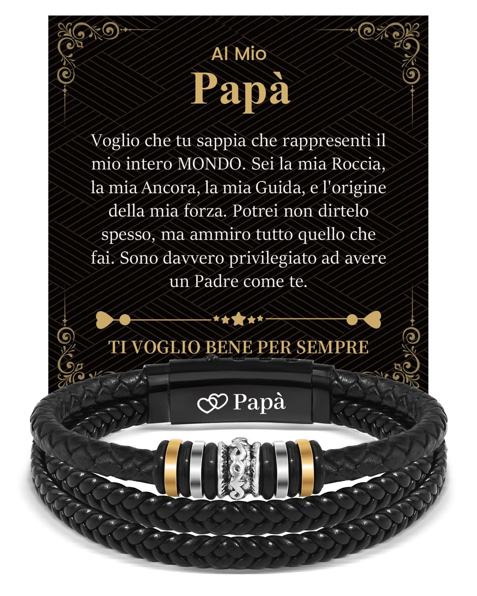 Cheerslife Bracciale da Uomo in Pelle e Acciaio Inossidabile con Incisione Papà, Nero - immagine 1