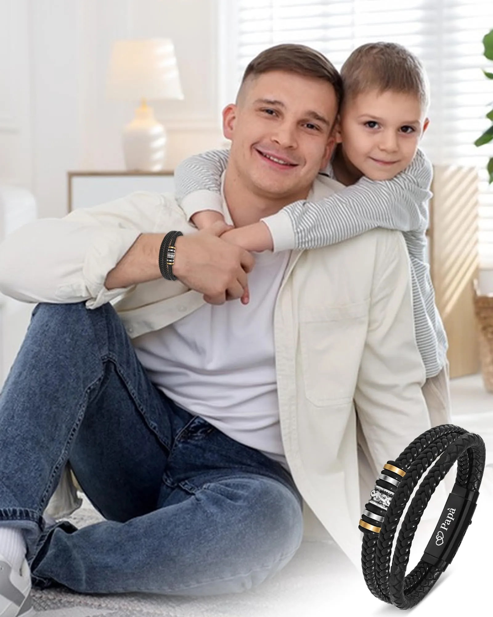 Cheerslife Bracciale da Uomo in Pelle e Acciaio Inossidabile con Incisione Papà, Nero - immagine 2