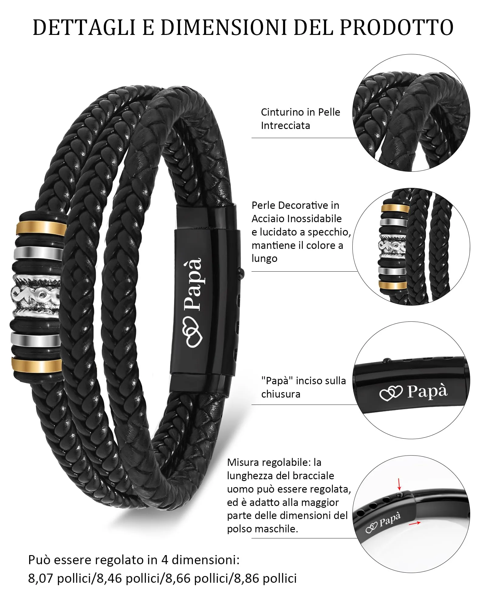 Cheerslife Bracciale da Uomo in Pelle e Acciaio Inossidabile con Incisione Papà, Nero - immagine 3