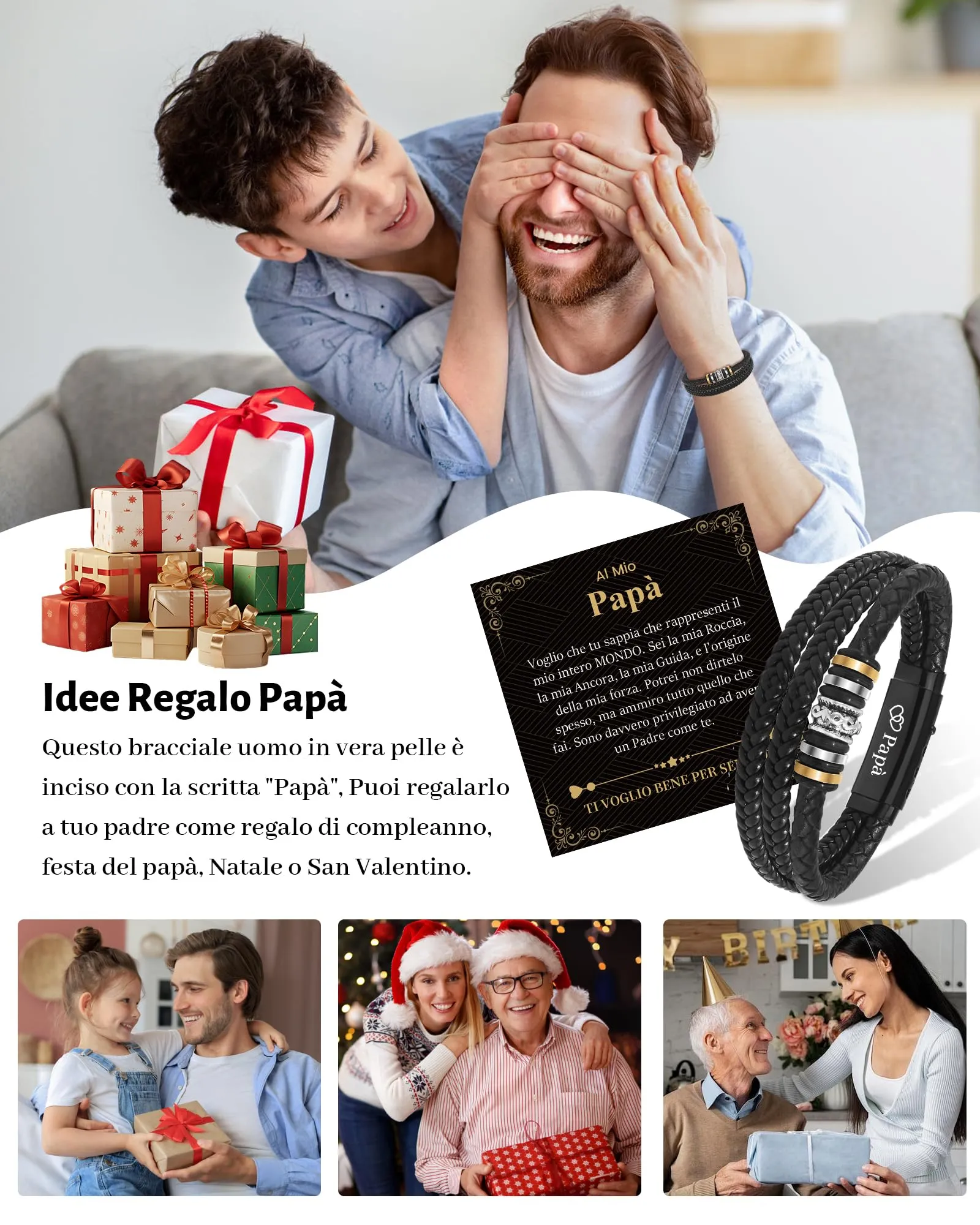 Cheerslife Bracciale da Uomo in Pelle e Acciaio Inossidabile con Incisione Papà, Nero - immagine 6