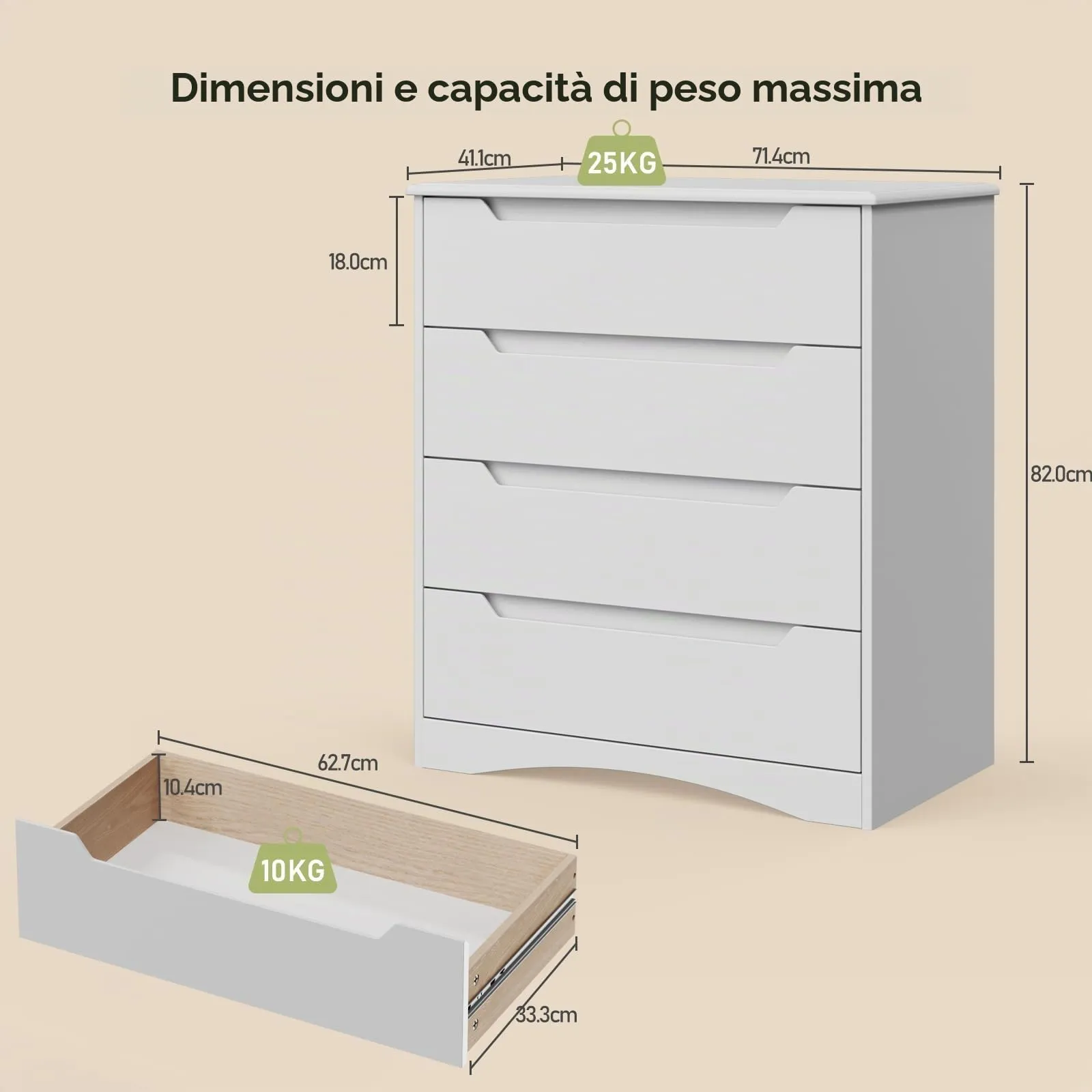 Bealife Cassettiera 4 Cassetti, Mobile Contenitore 82x41x71 cm, Bianco - immagine 3