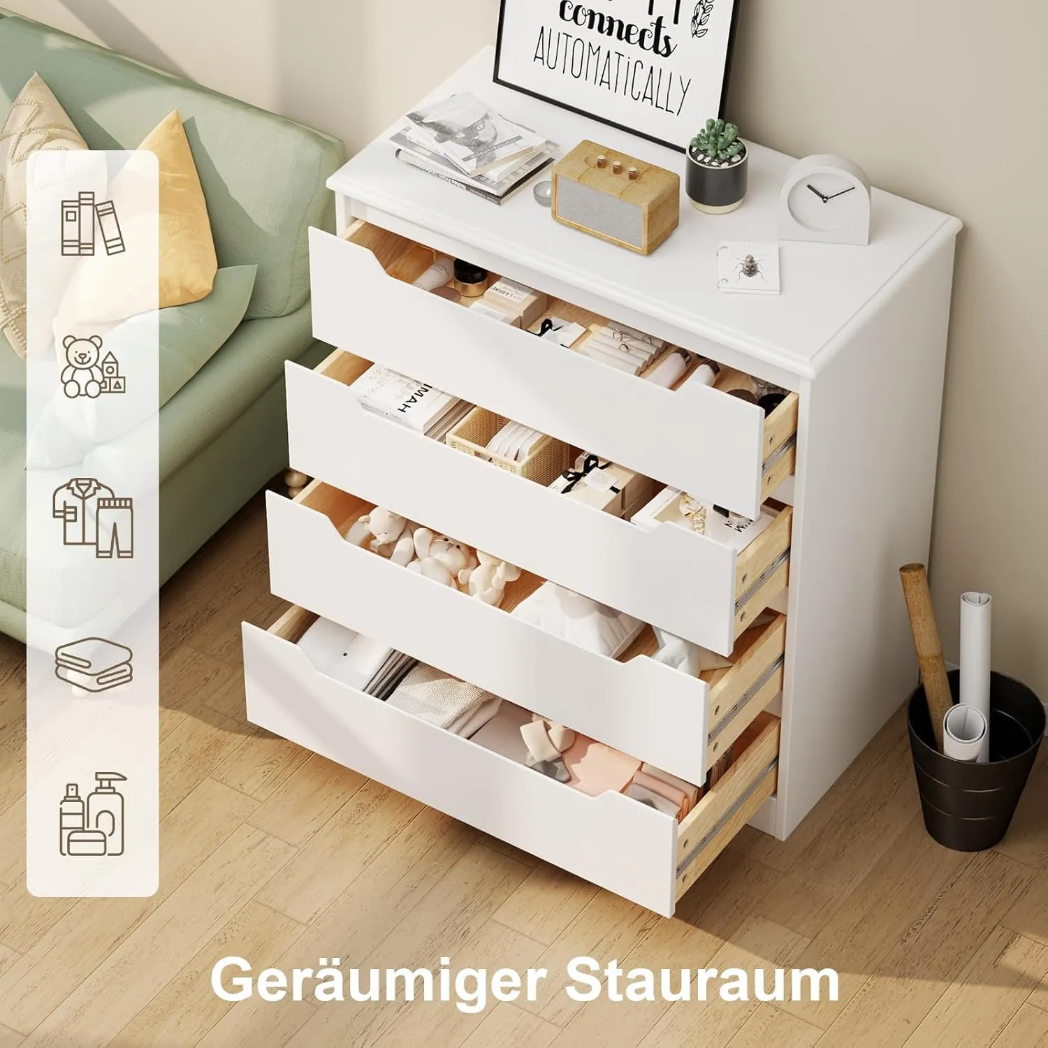 Bealife Cassettiera 4 Cassetti, Mobile Contenitore 82x41x71 cm, Bianco - immagine 7