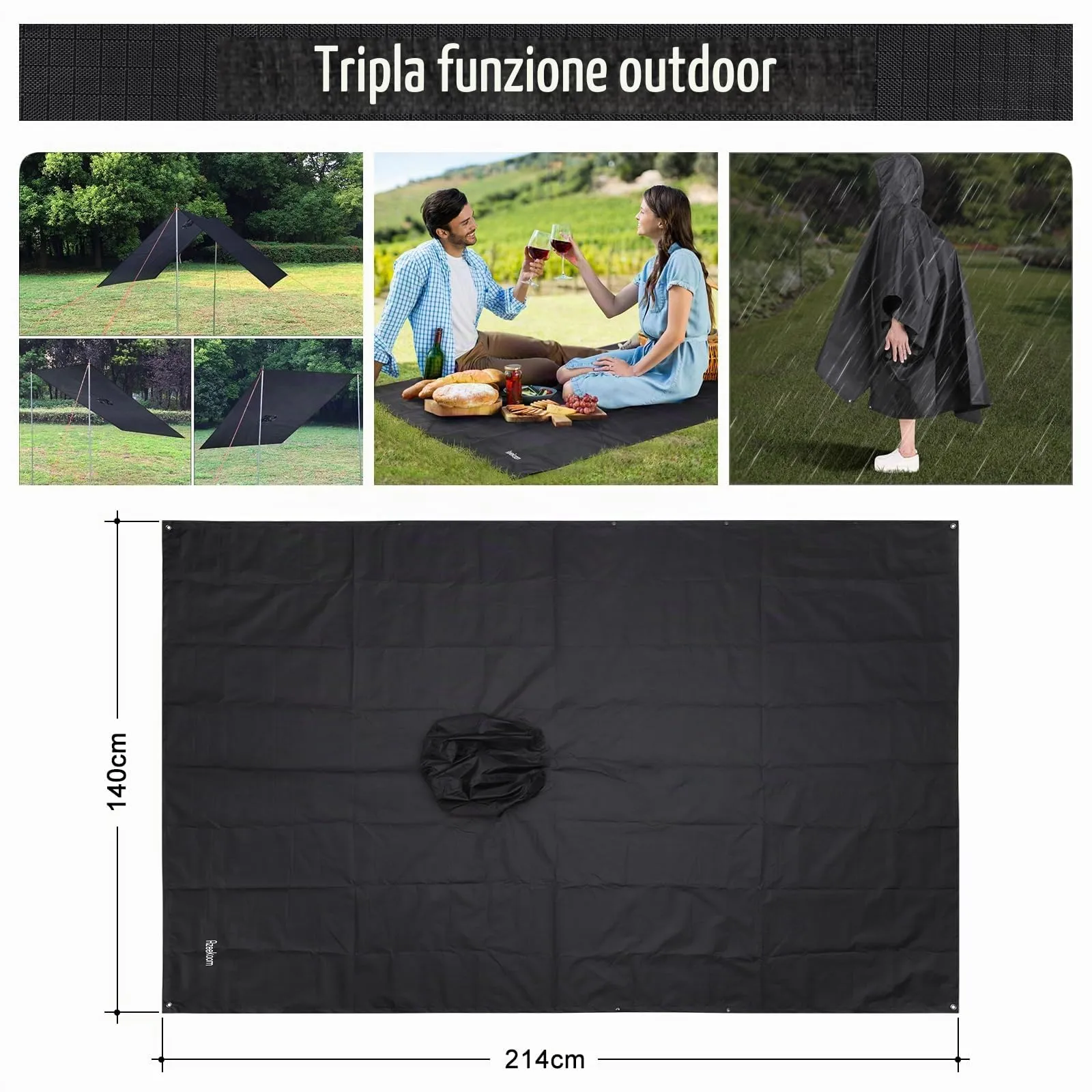 Azeekoom Poncho Impermeabile Multifunzionale con Cappuccio per Uomo e Donna, Nero - immagine 3