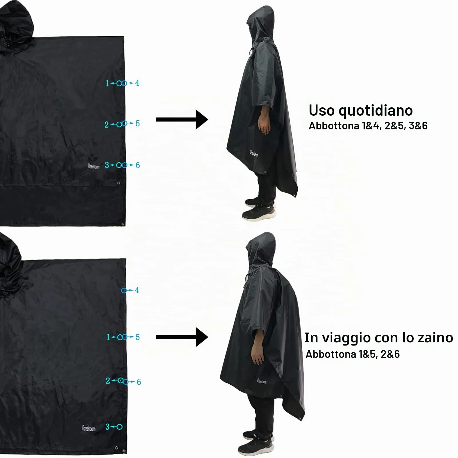 Azeekoom Poncho Impermeabile Multifunzionale con Cappuccio per Uomo e Donna, Nero - immagine 5