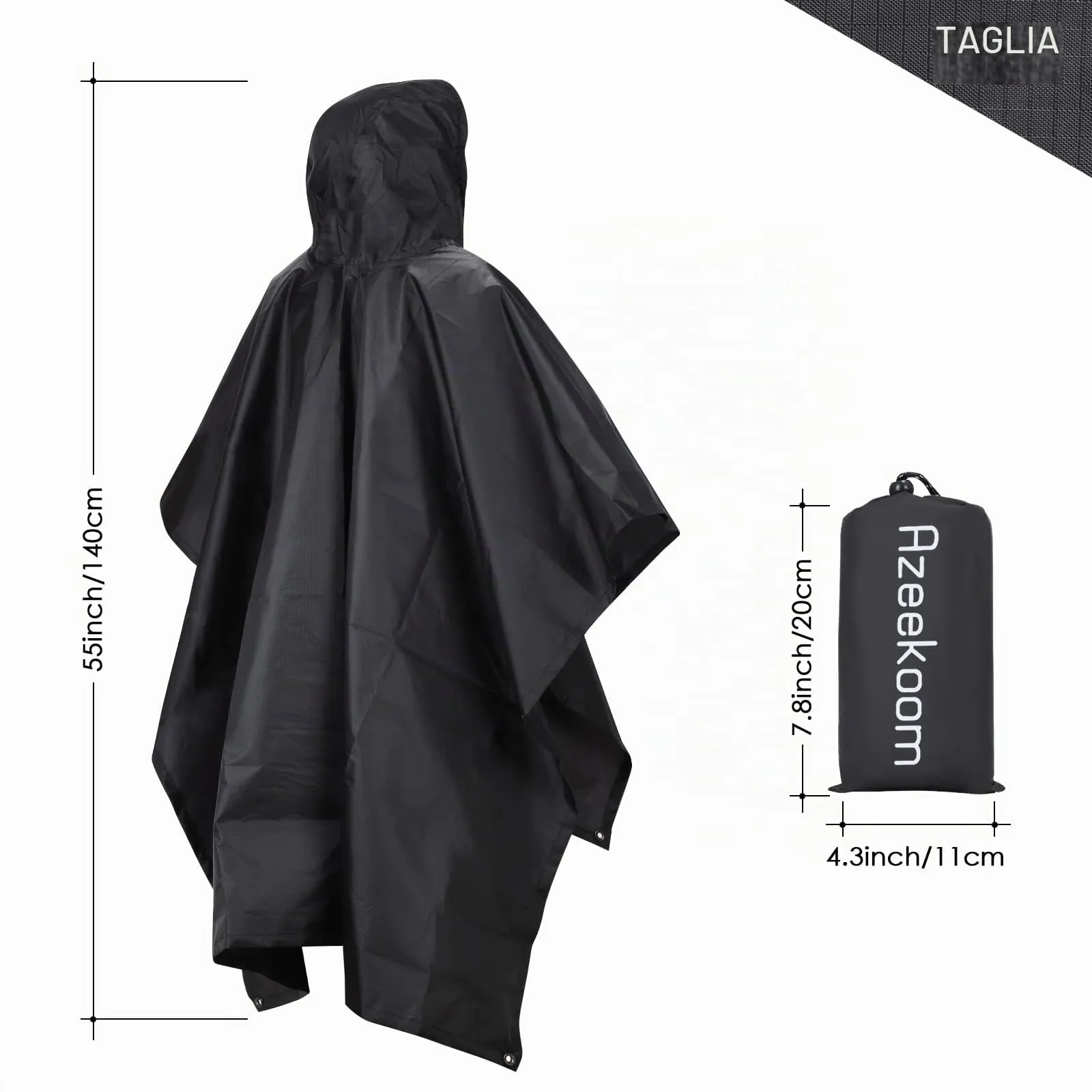 Azeekoom Poncho Impermeabile Multifunzionale con Cappuccio per Uomo e Donna, Nero - immagine 6