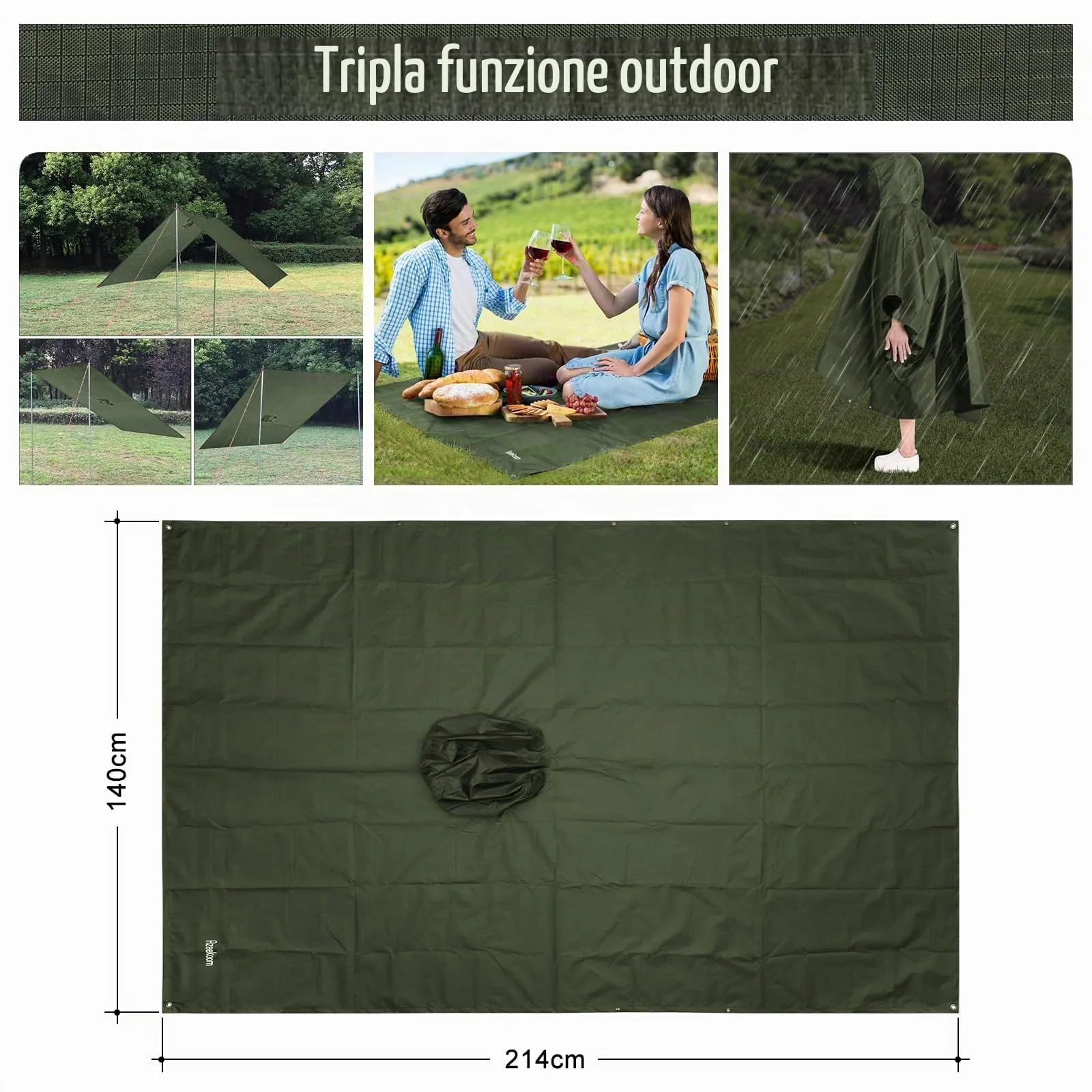 Azeekoom Poncho Impermeabile Multifunzionale con Cappuccio per Uomo e Donna (Verde) - immagine 3