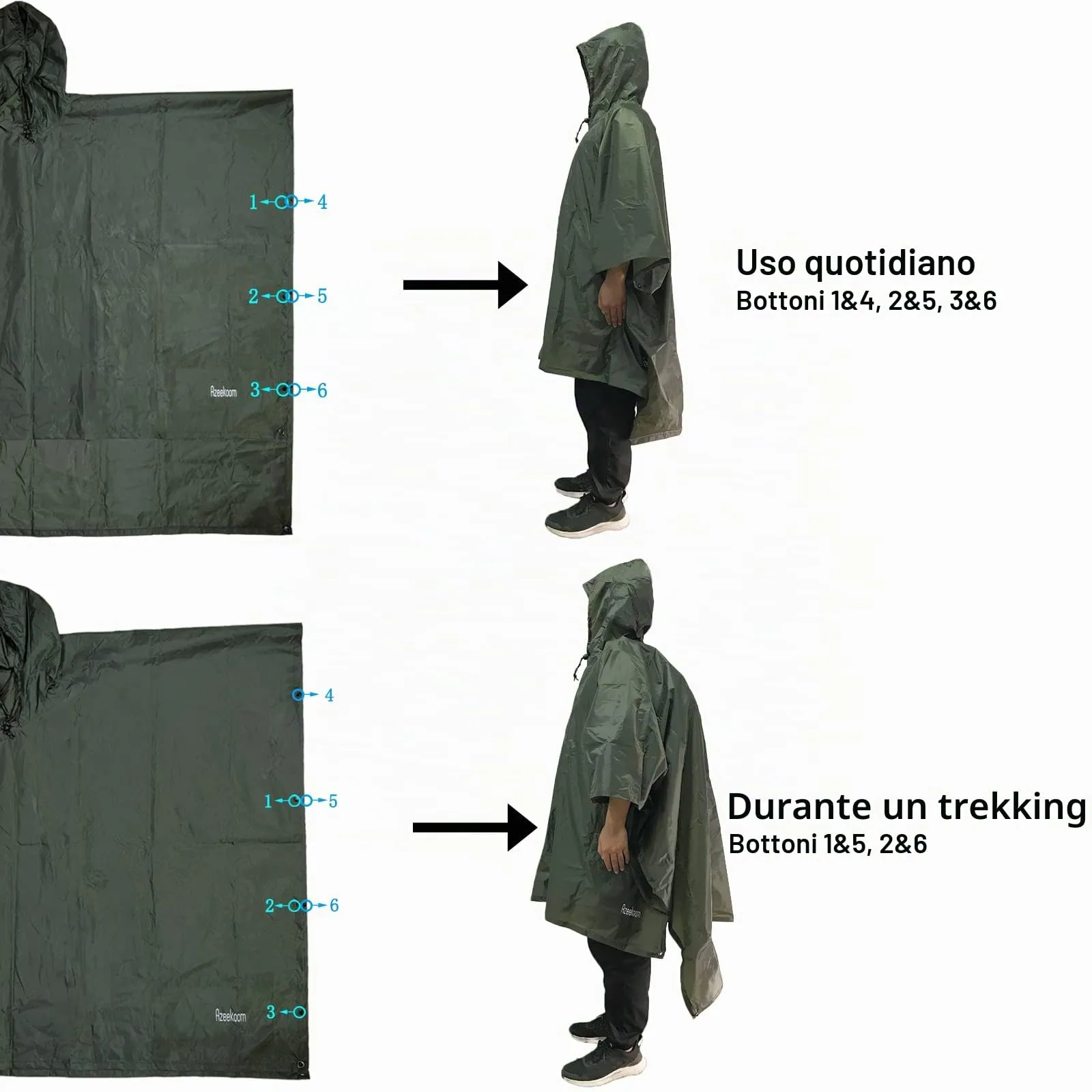 Azeekoom Poncho Impermeabile Multifunzionale con Cappuccio per Uomo e Donna (Verde) - immagine 5