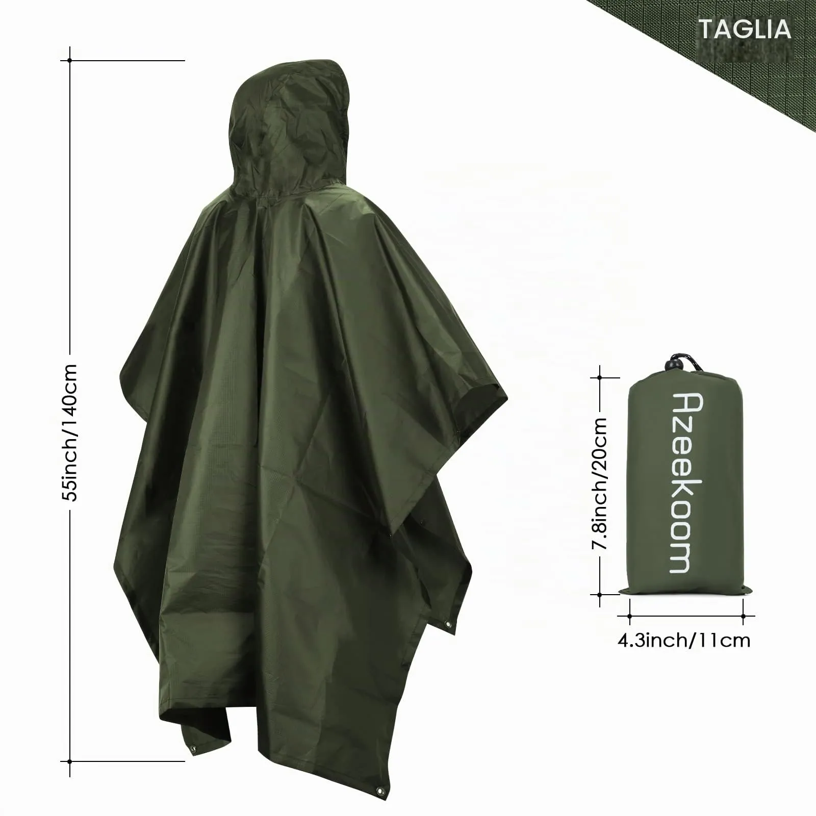 Azeekoom Poncho Impermeabile Multifunzionale con Cappuccio per Uomo e Donna (Verde) - immagine 6