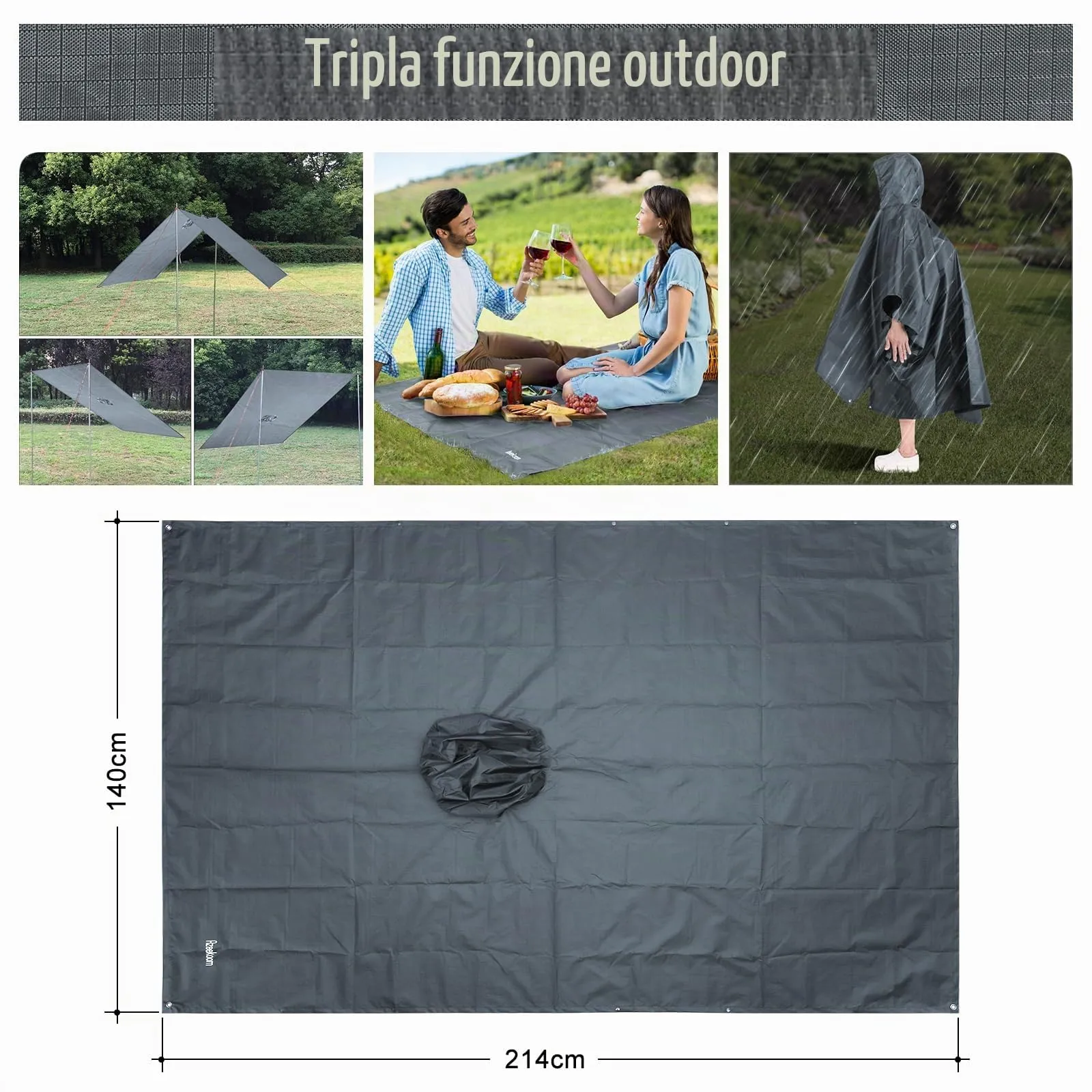 Azeekoom Poncho Impermeabile Multifunzionale con Cappuccio per Uomo e Donna (Grigio) - immagine 3