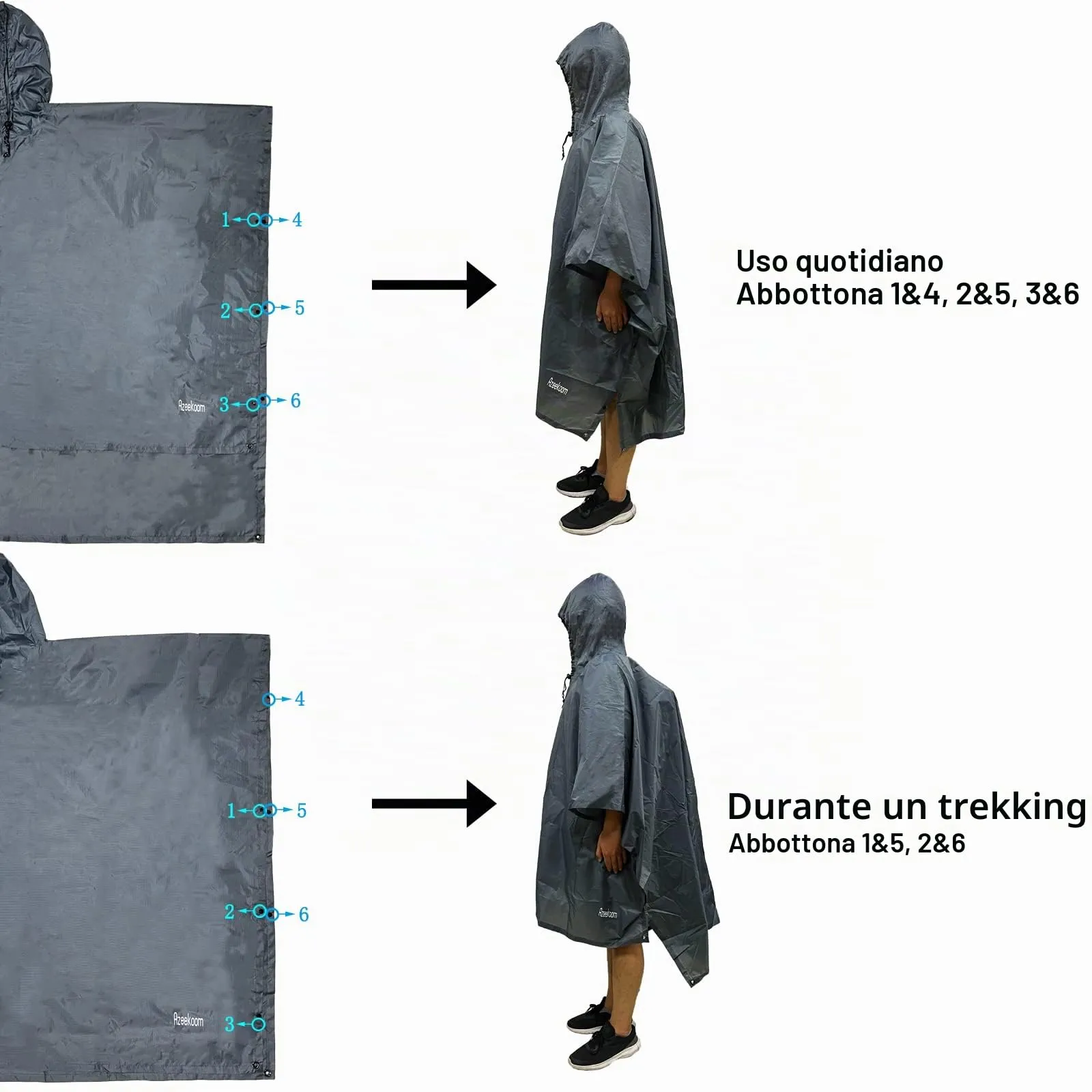 Azeekoom Poncho Impermeabile Multifunzionale con Cappuccio per Uomo e Donna (Grigio) - immagine 5