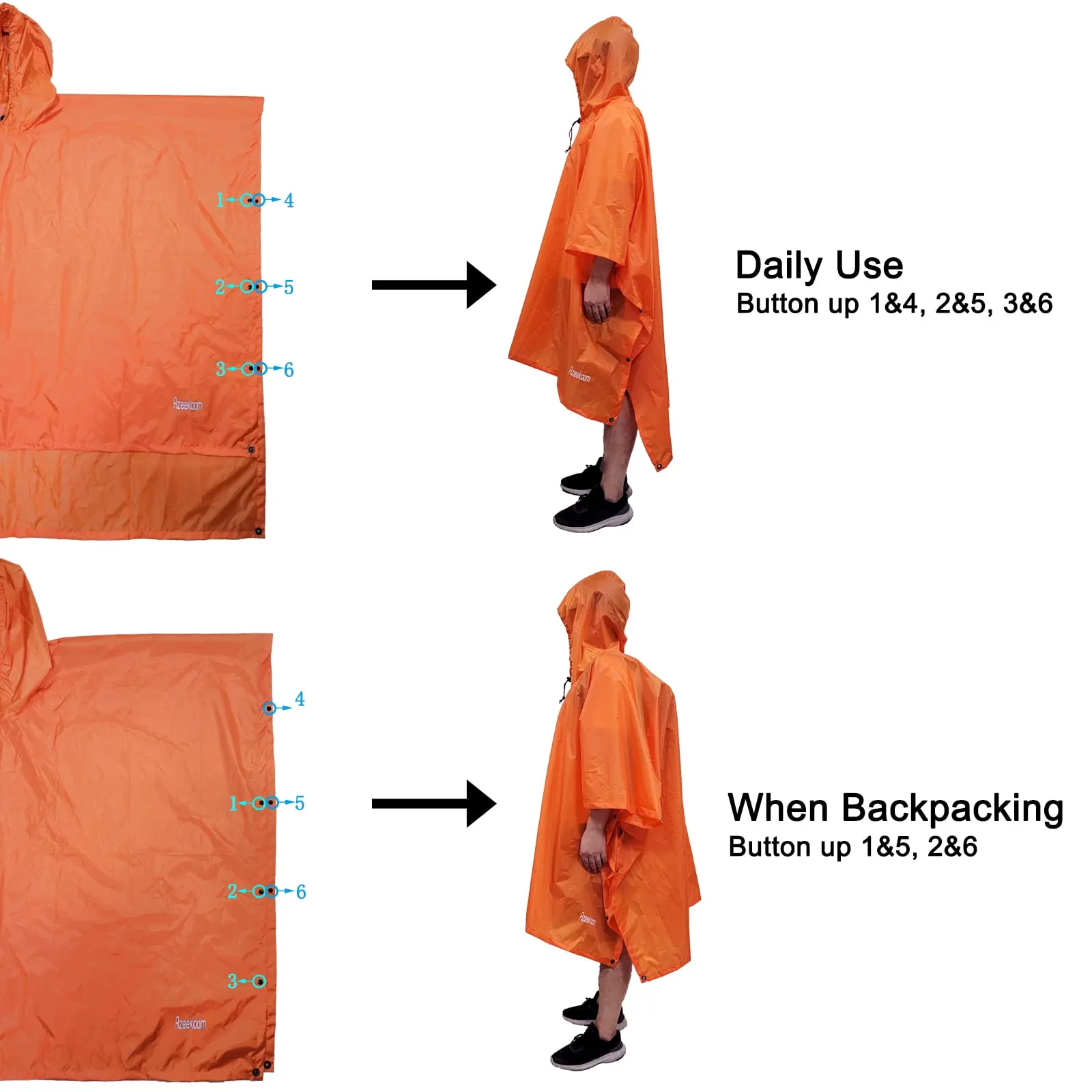 Azeekoom Poncho Impermeabile Multifunzionale con Cappuccio per Uomo e Donna, Arancia - immagine 5