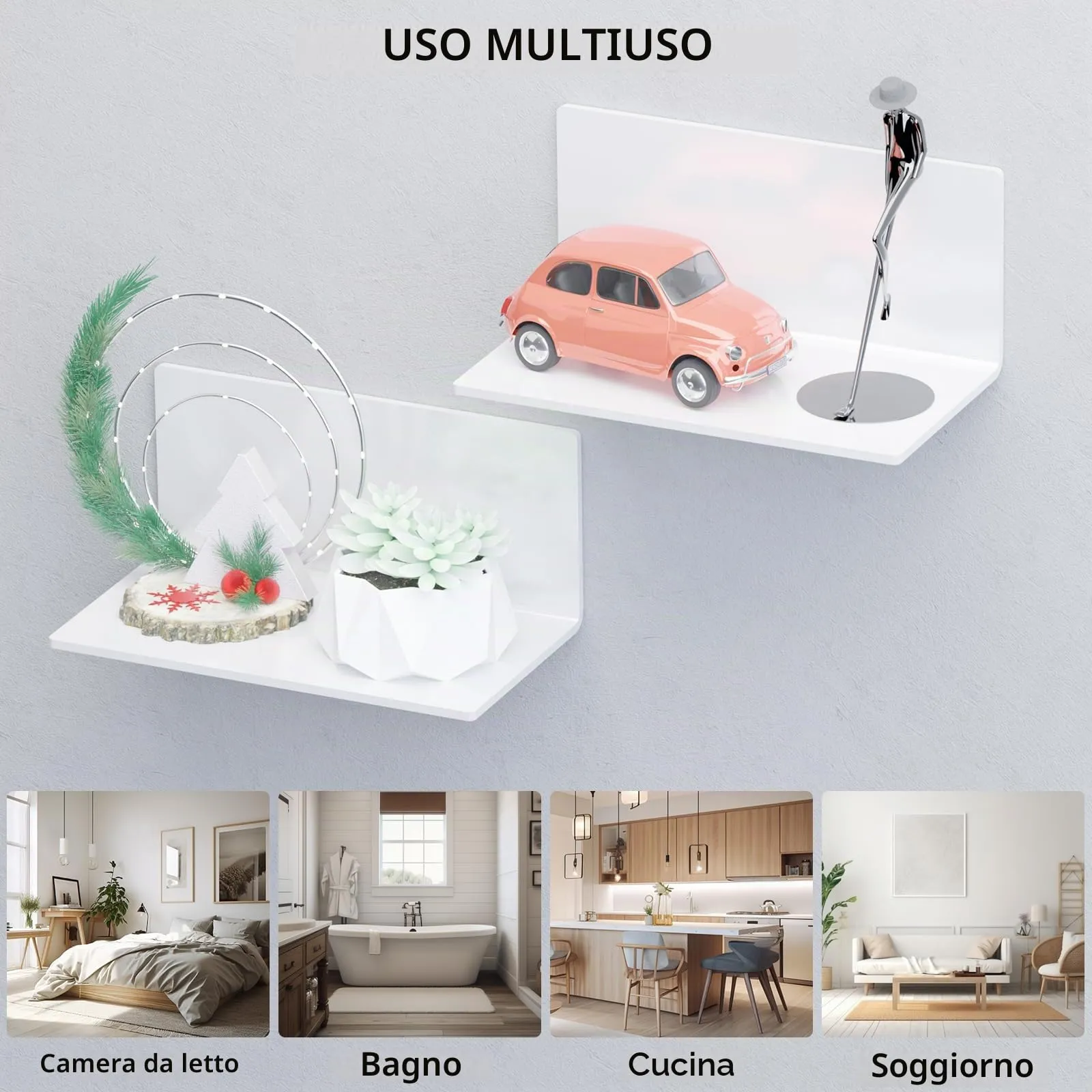 Toski Mensola da Parete in Acrilico Autoadesiva Bianca, 20 cm - immagine 7
