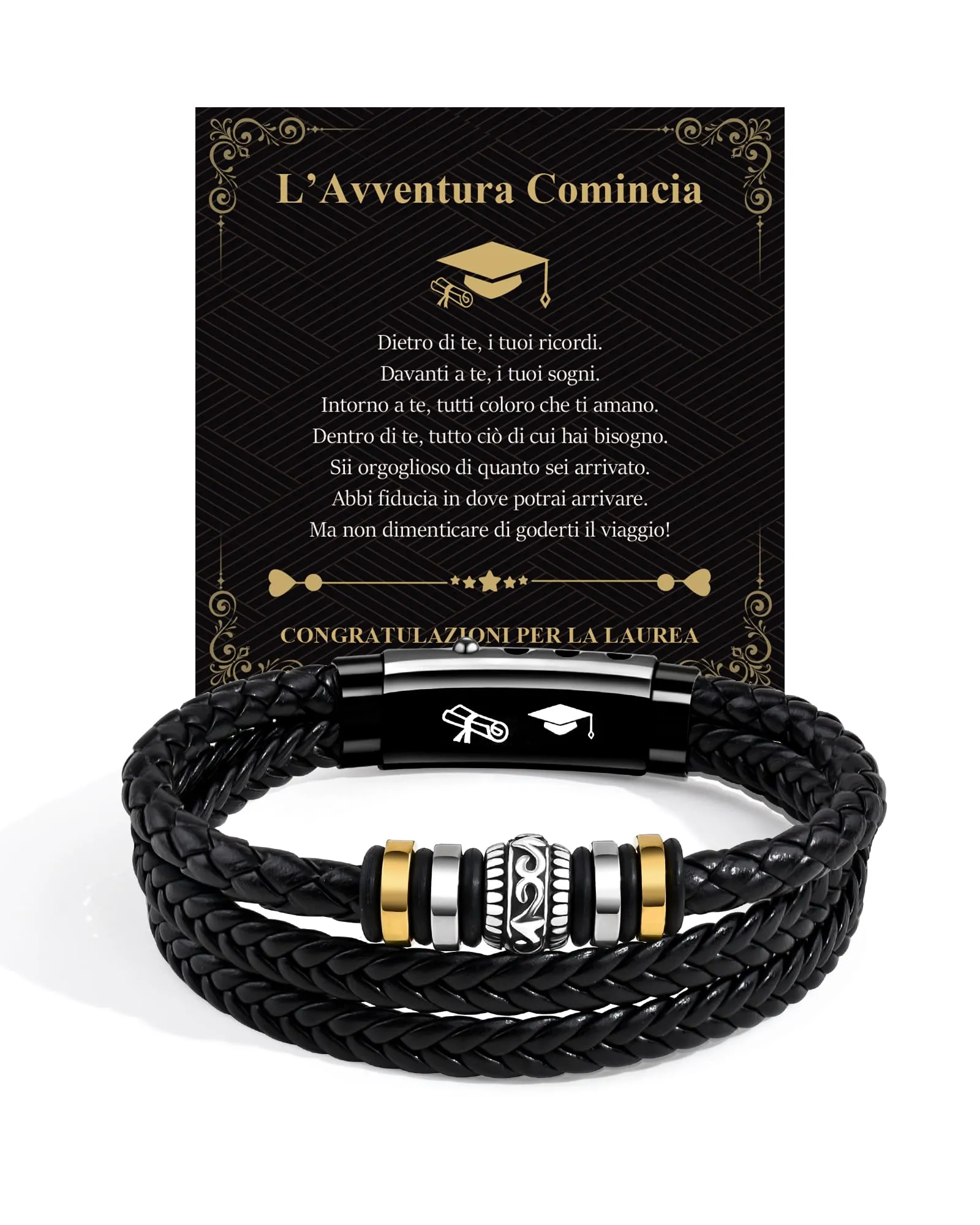 Cheerslife Bracciale Uomo in Pelle Intrecciata e Acciaio Inossidabile per Laurea - immagine 1