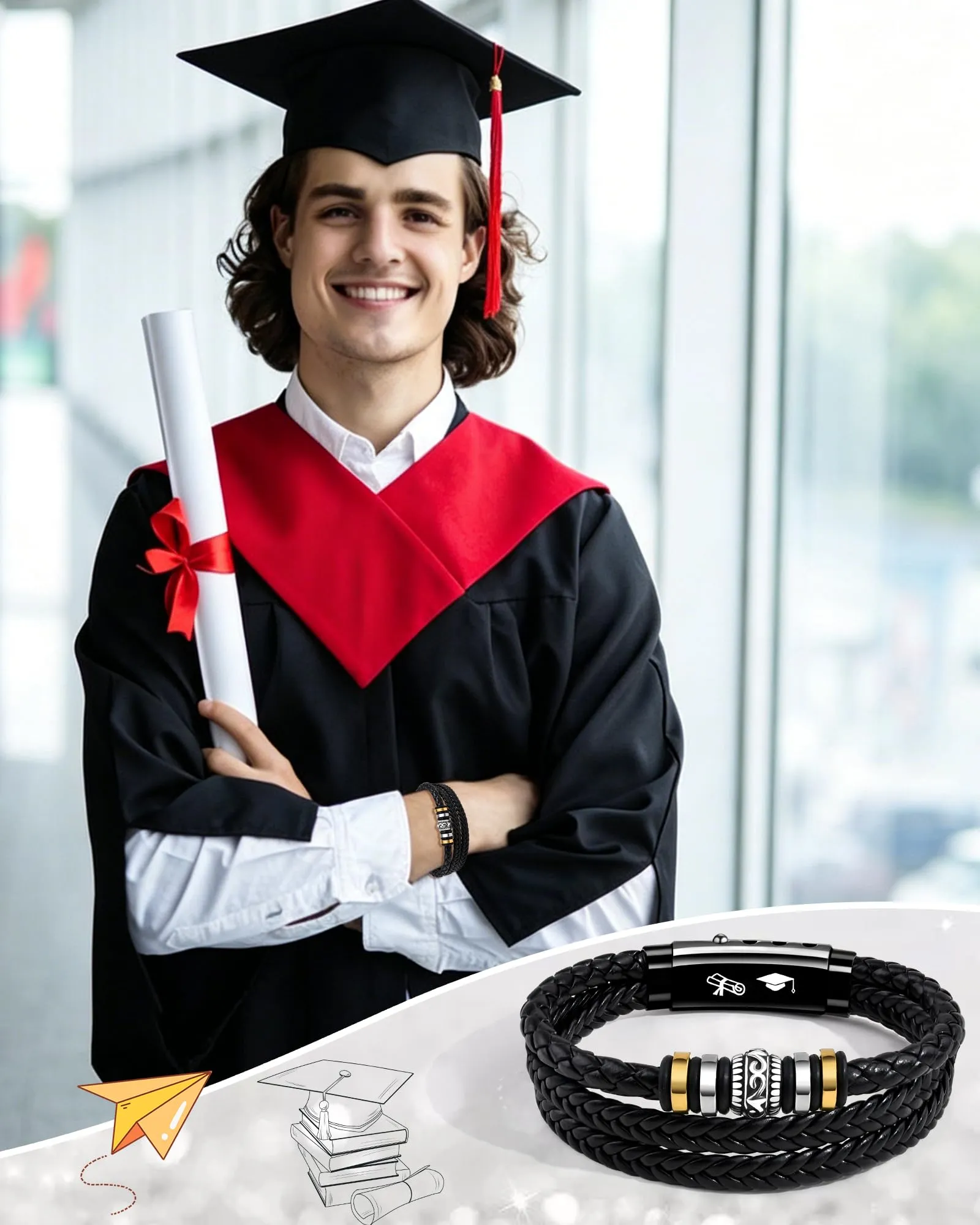 Cheerslife Bracciale Uomo in Pelle Intrecciata e Acciaio Inossidabile per Laurea - immagine 2