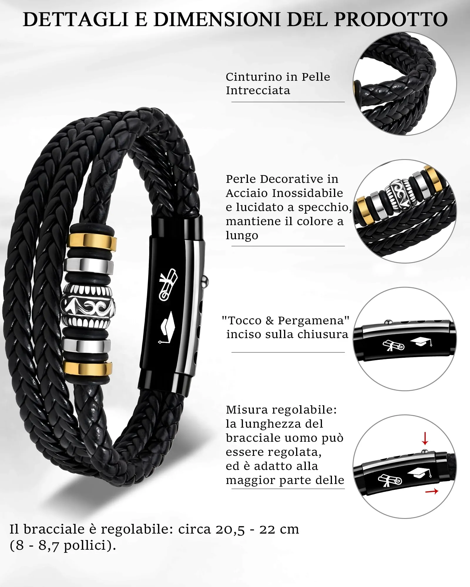Cheerslife Bracciale Uomo in Pelle Intrecciata e Acciaio Inossidabile per Laurea - immagine 3