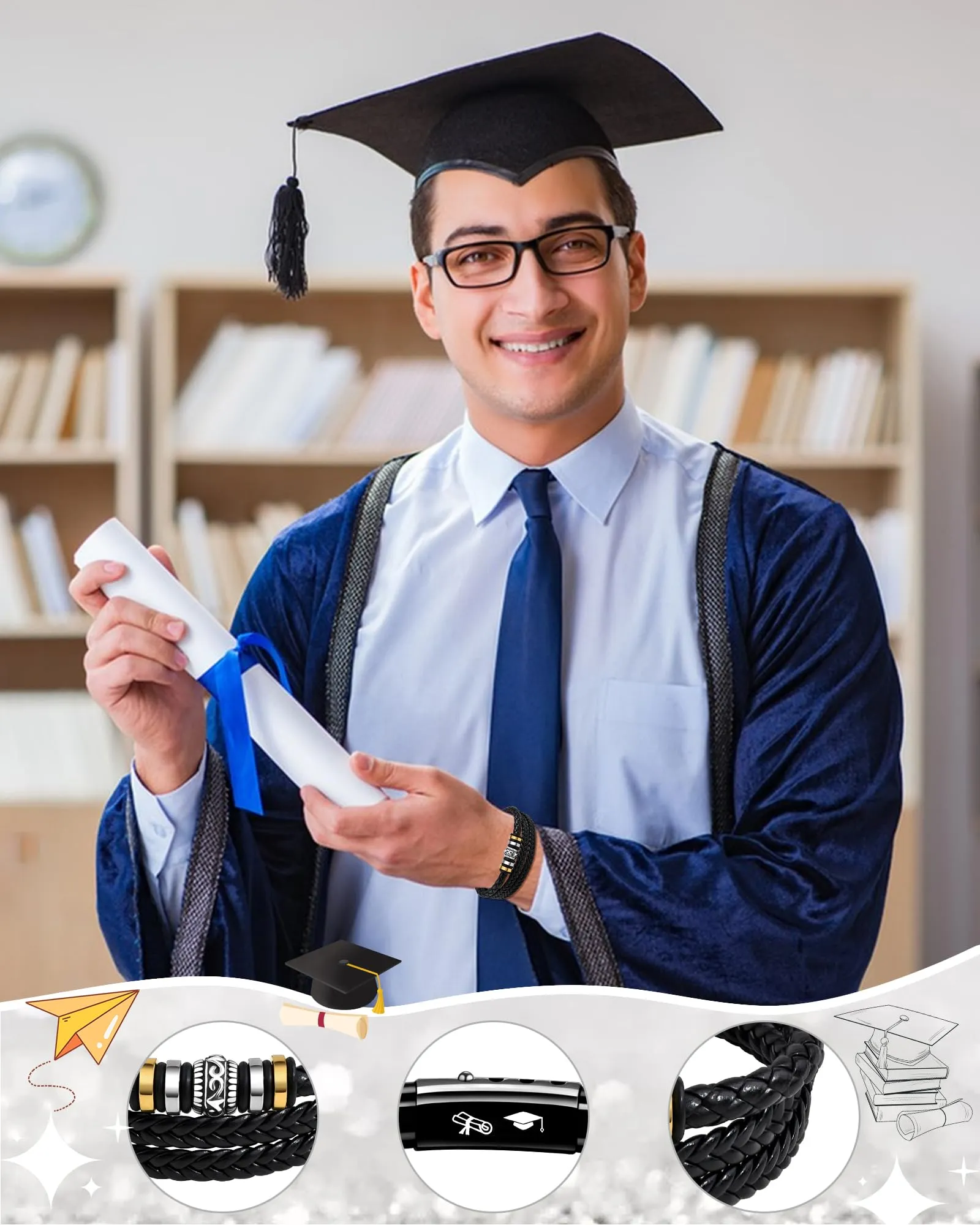 Cheerslife Bracciale Uomo in Pelle Intrecciata e Acciaio Inossidabile per Laurea - immagine 4