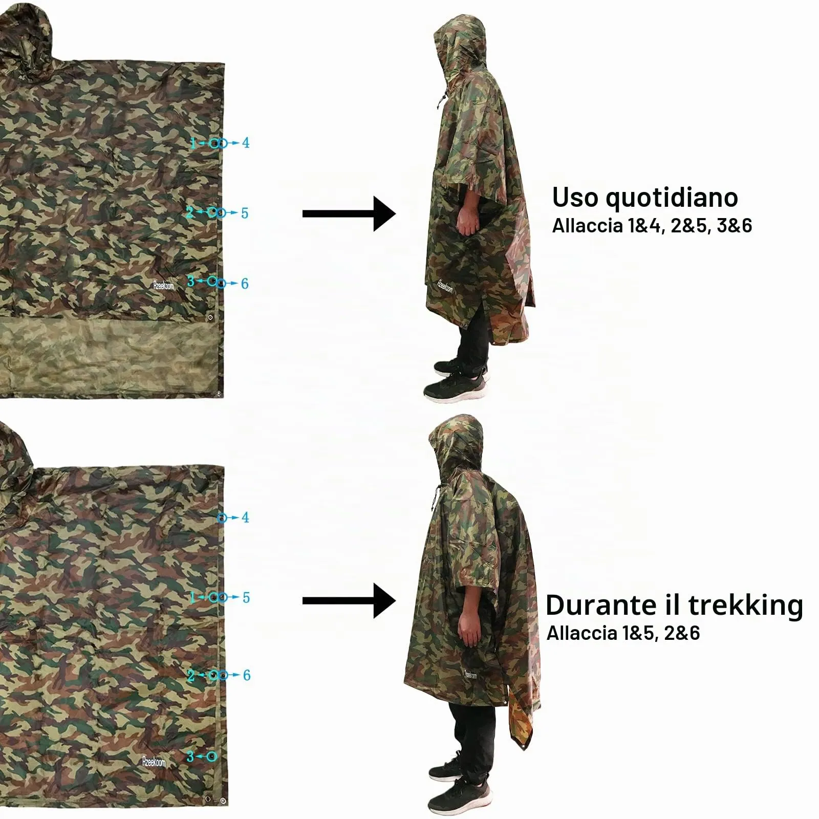 Azeekoom Poncho Impermeabile Multifunzionale con Cappuccio per Uomo e Donna - immagine 5