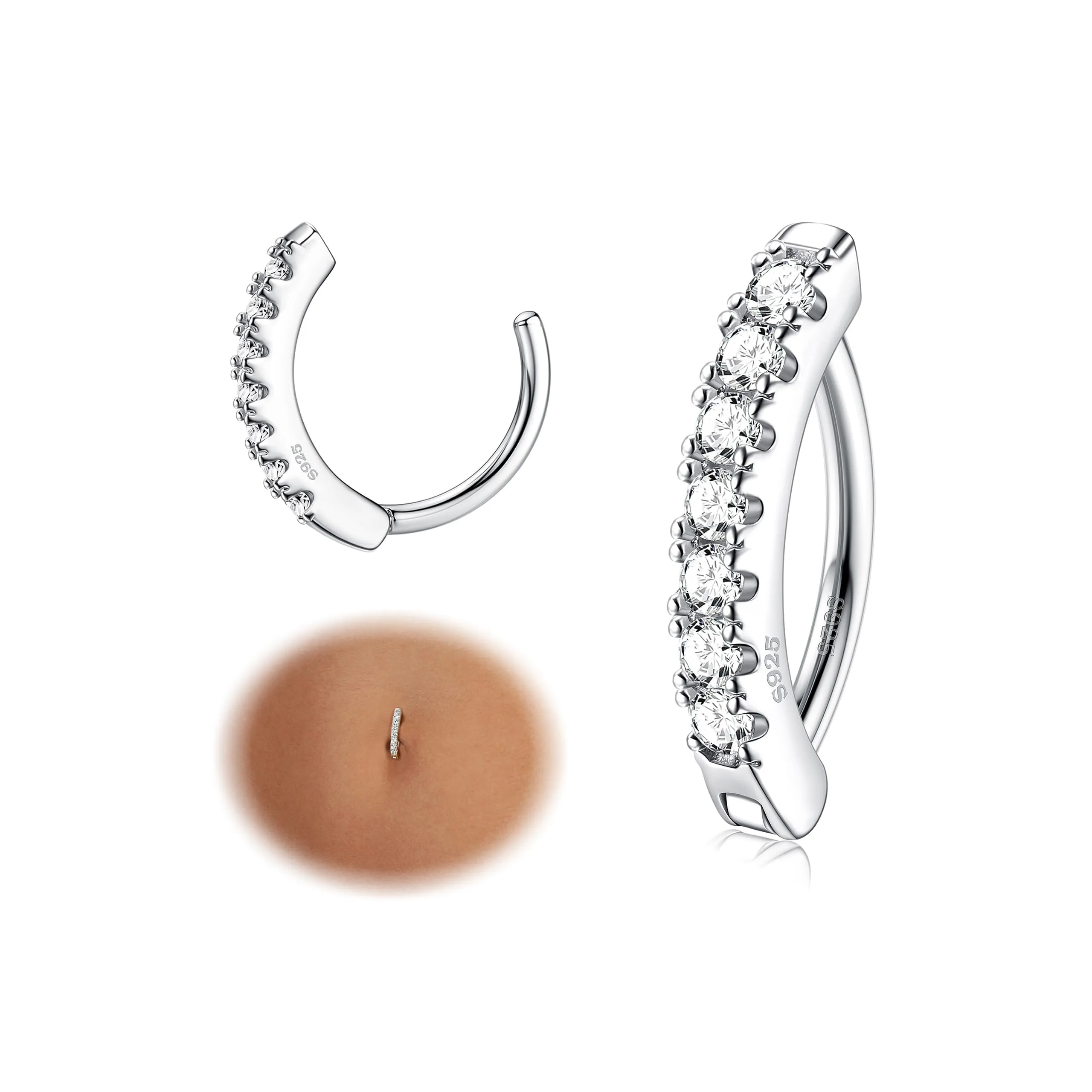 KRFY Anelli per Ombelico Donna 14G Argento 925 con Cubic Zirconia Paved Reverse Cerchio Piercing Pancia - immagine 1