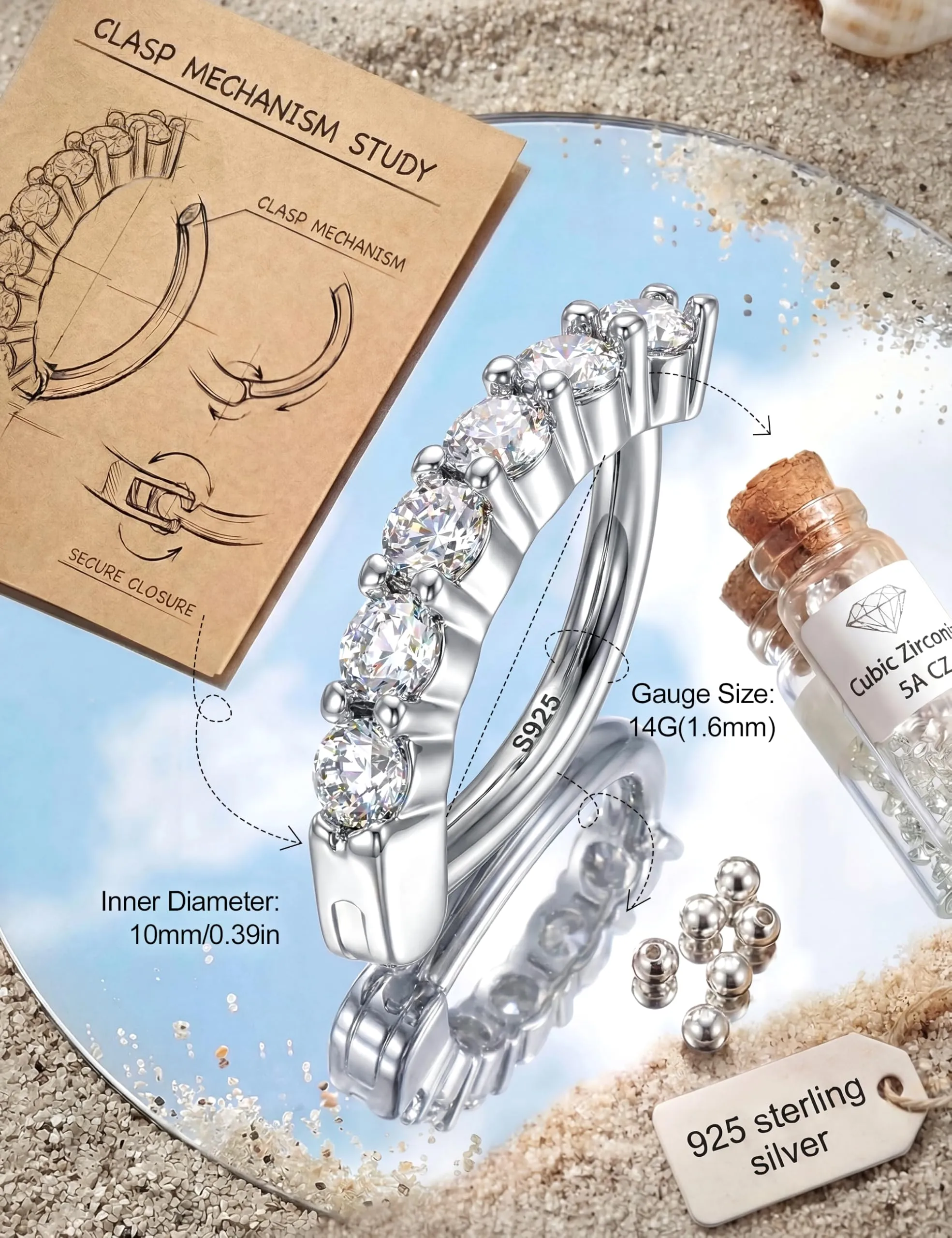 KRFY Anello per Ombelico 14G in Argento 925 e Zirconia Cubica, Chiusura Clicker - immagine 2