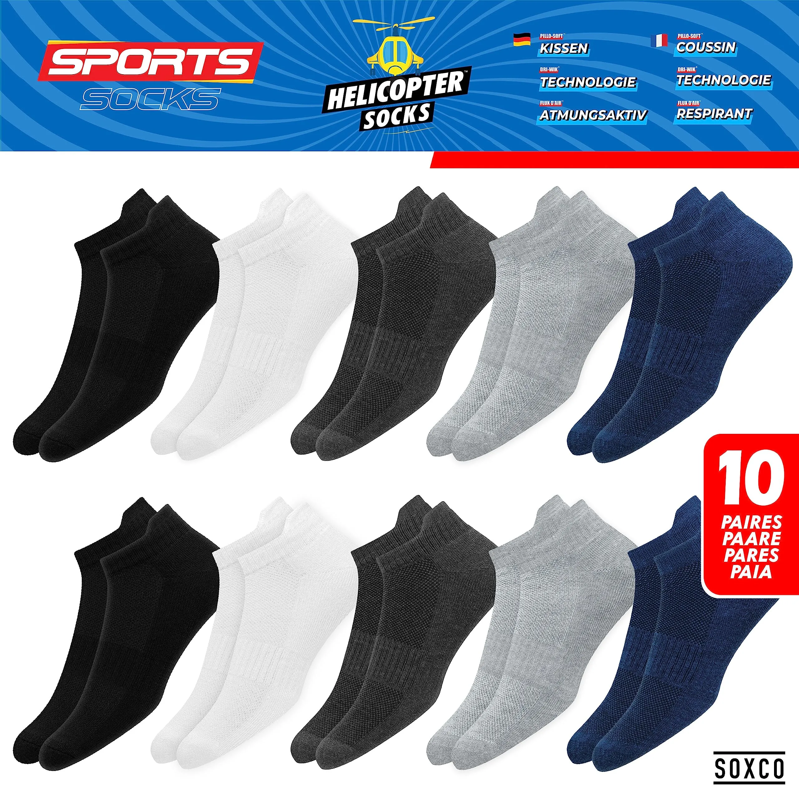 SOXCO Calzini Corti in Spugna Unisex per Sport e Running, 10 Paia, EU 35-38, Multicolore - immagine 3