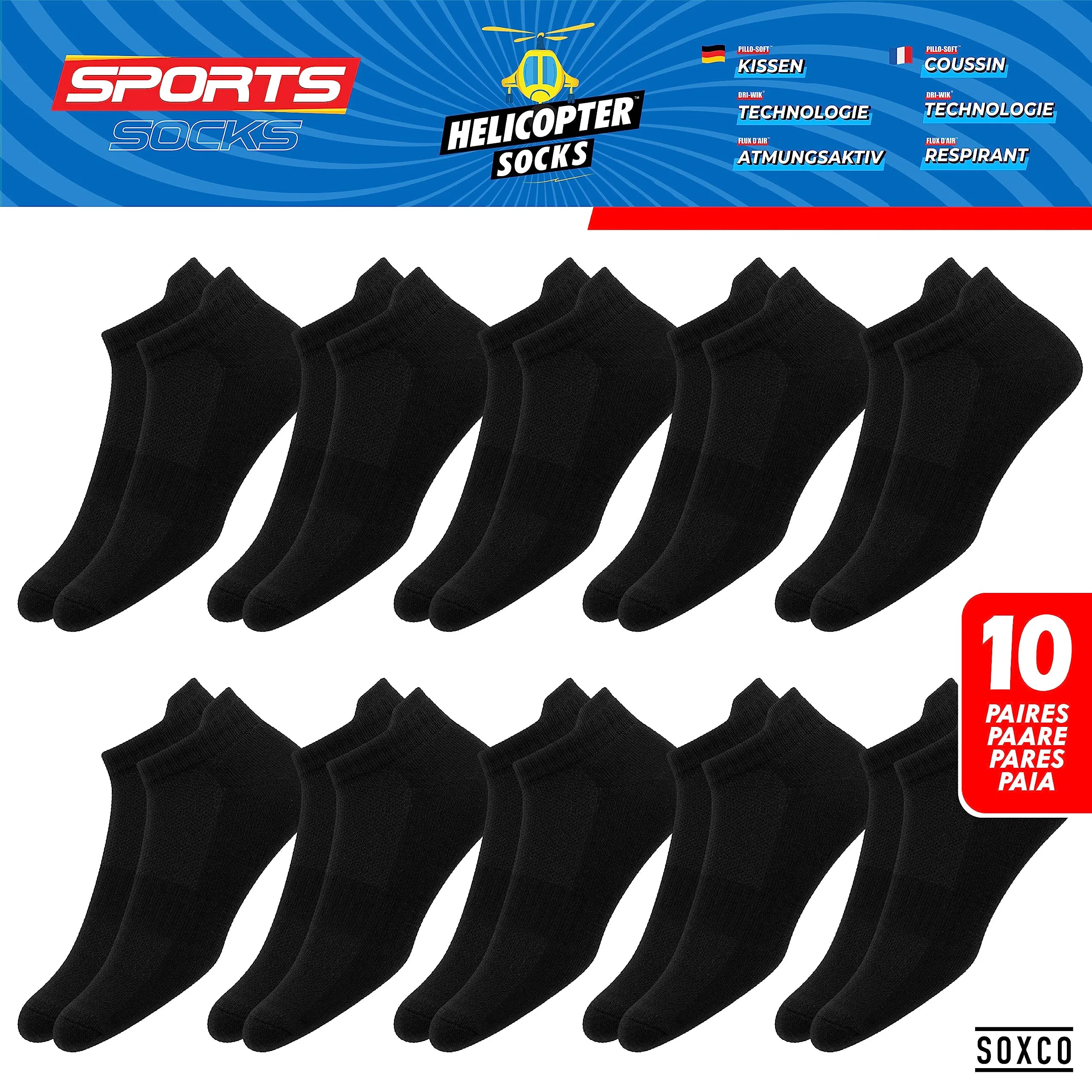 SOXCO Calzini Corti Spugna Sportivi Running, 10 Paia, Nero, EU 43-46 - immagine 3